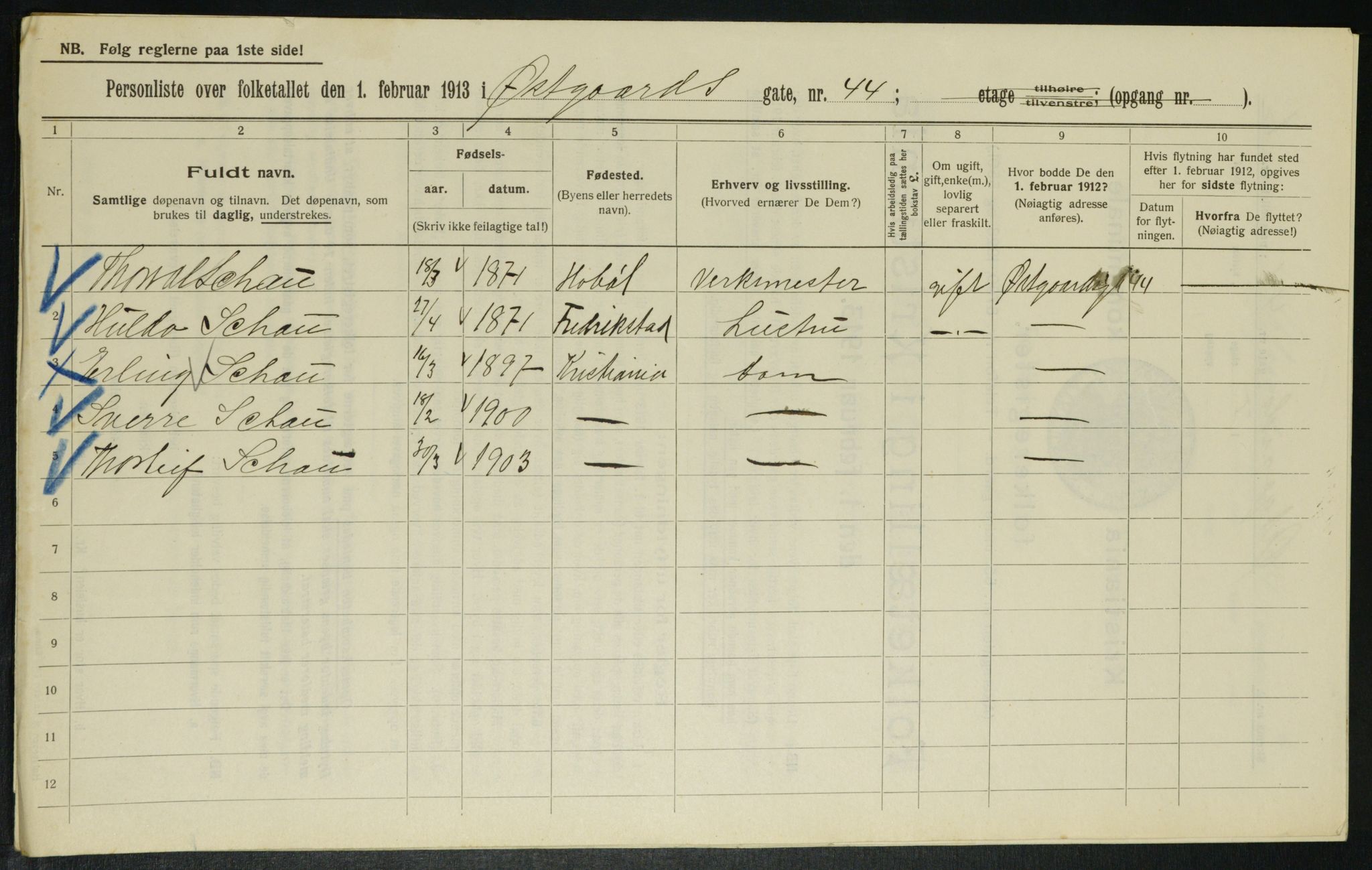 OBA, Municipal Census 1913 for Kristiania, 1913, p. 129295