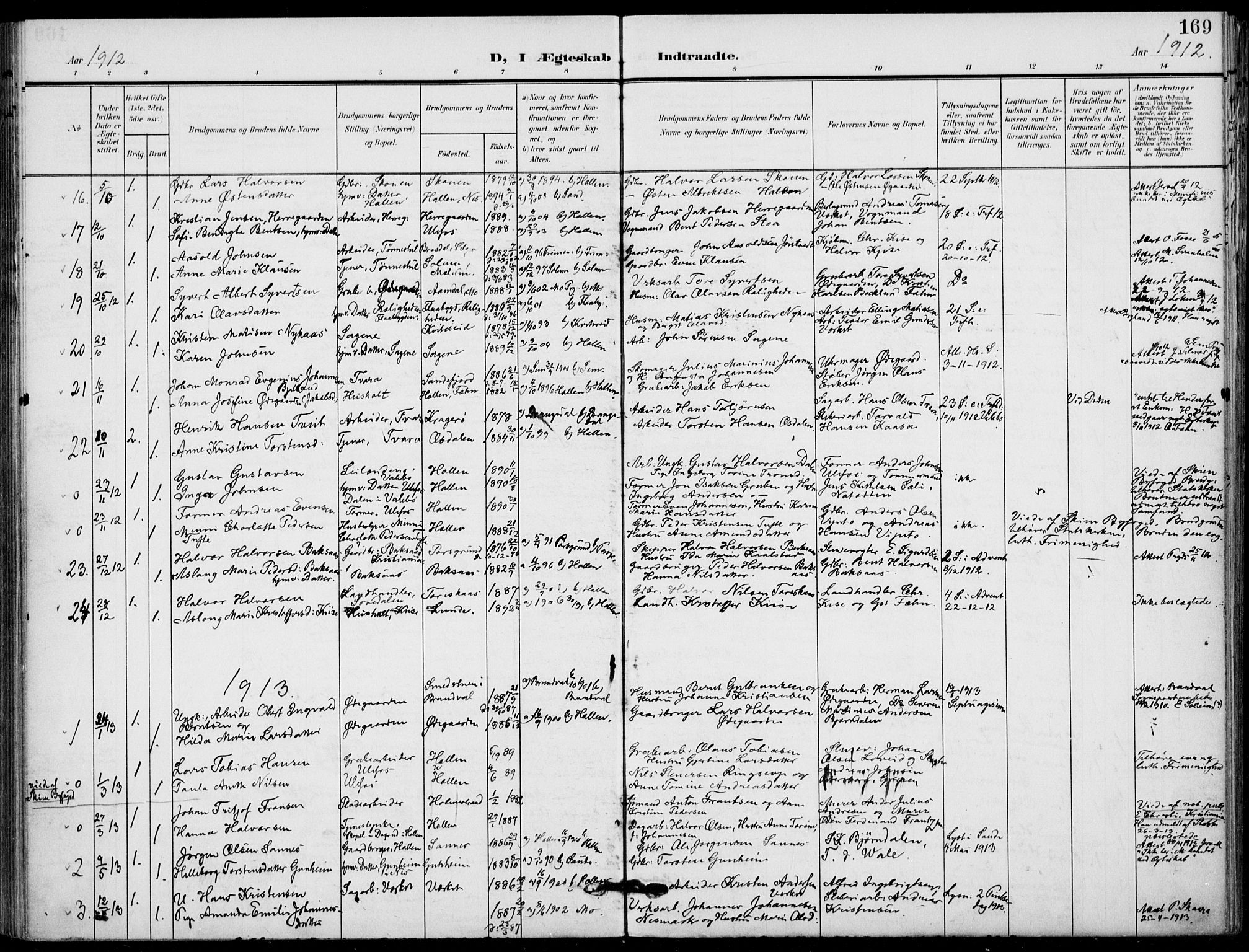 Holla kirkebøker, AV/SAKO-A-272/F/Fa/L0012: Parish register (official) no. 12, 1907-1923, p. 169