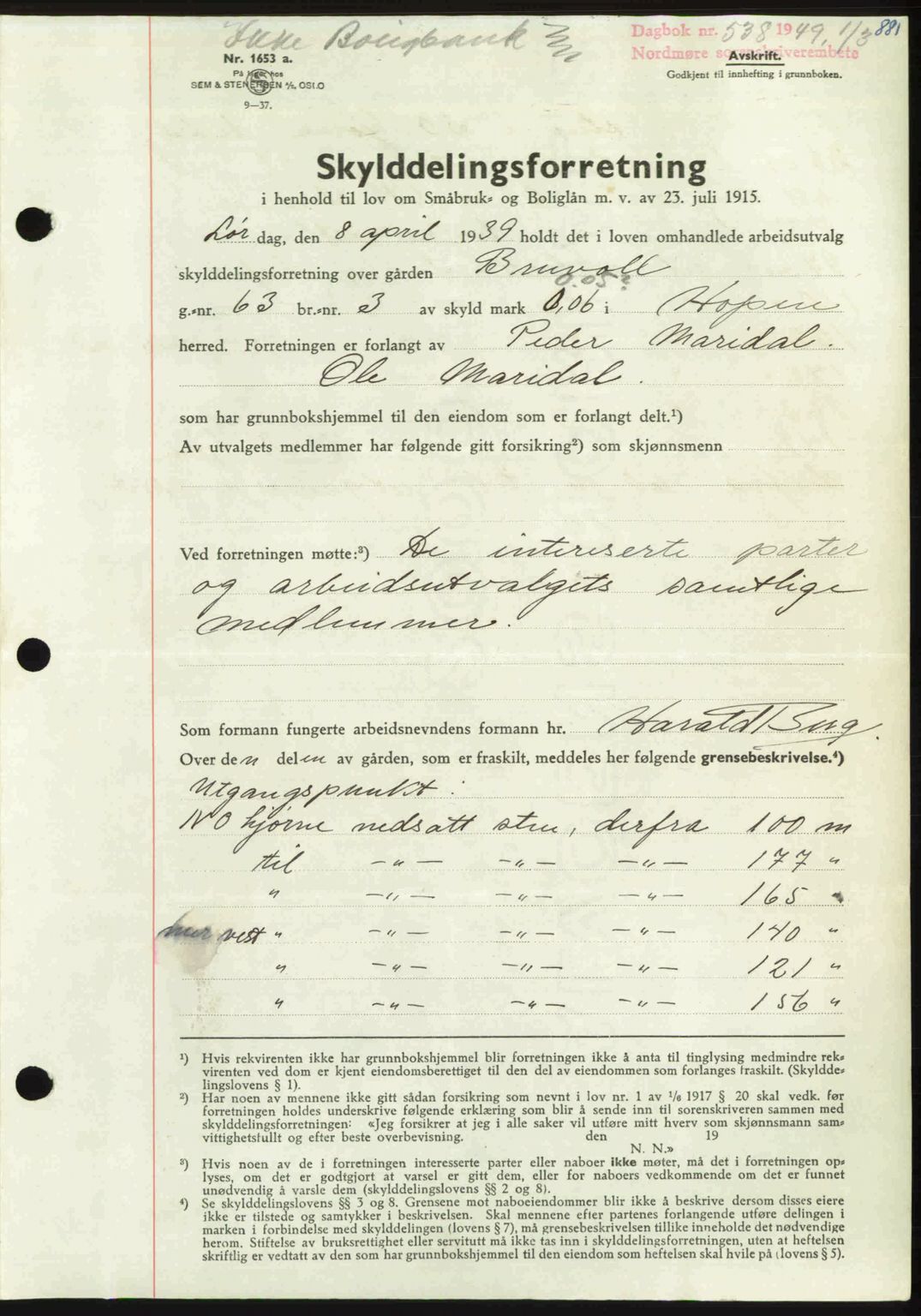 Nordmøre sorenskriveri, AV/SAT-A-4132/1/2/2Ca: Mortgage book no. A110, 1948-1949, Diary no: : 538/1949