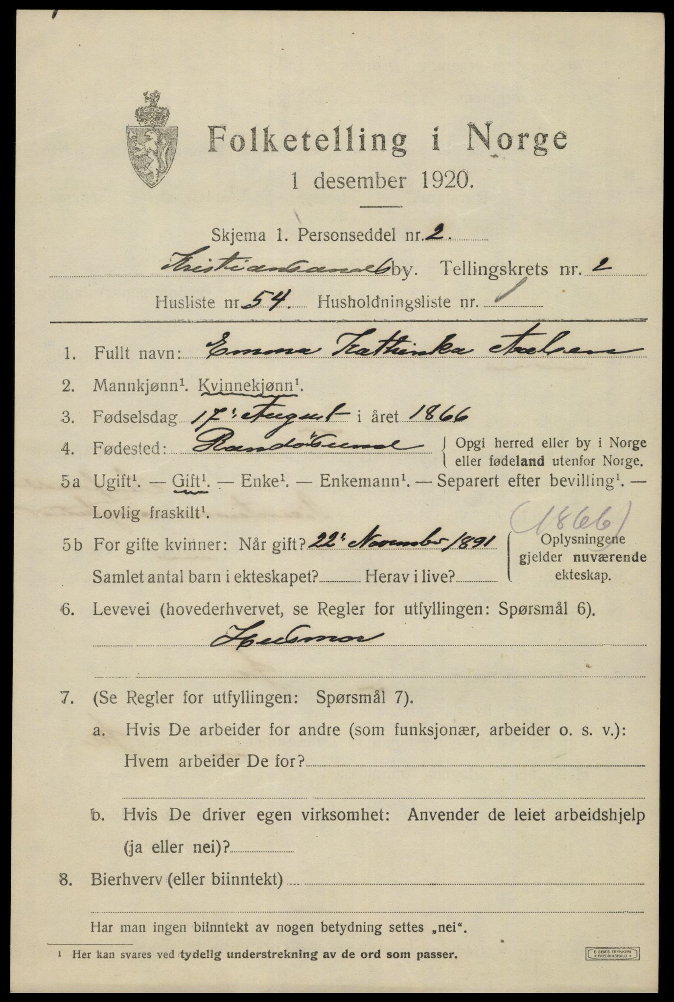 SAK, 1920 census for Kristiansand, 1920, p. 13459