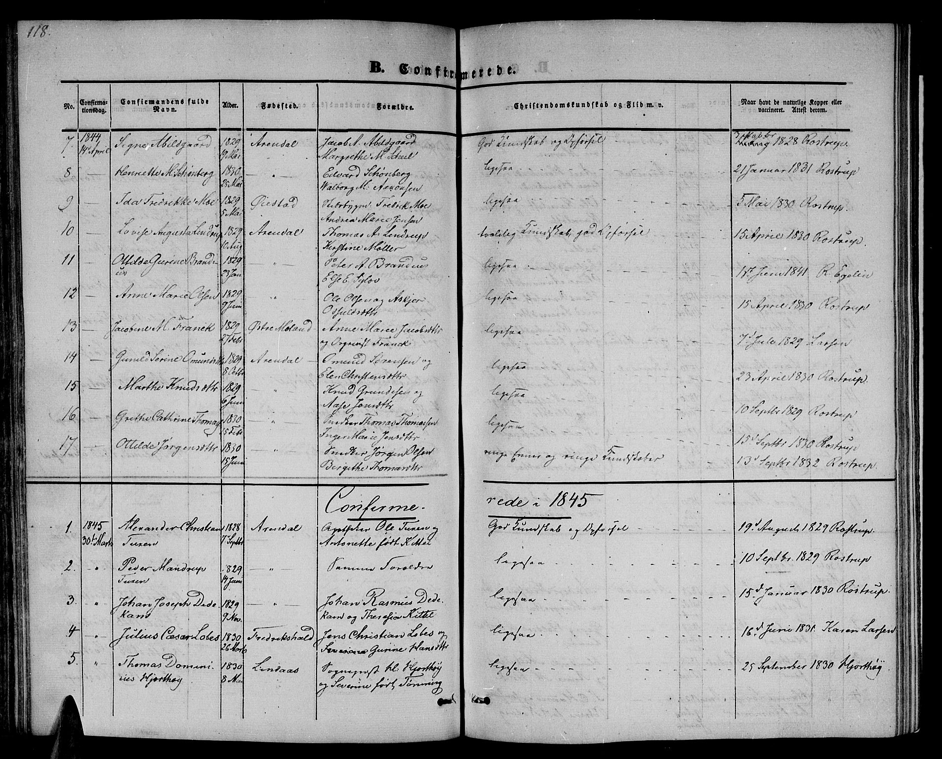 Arendal sokneprestkontor, Trefoldighet, SAK/1111-0040/F/Fb/L0002: Parish register (copy) no. B 2, 1838-1860, p. 118