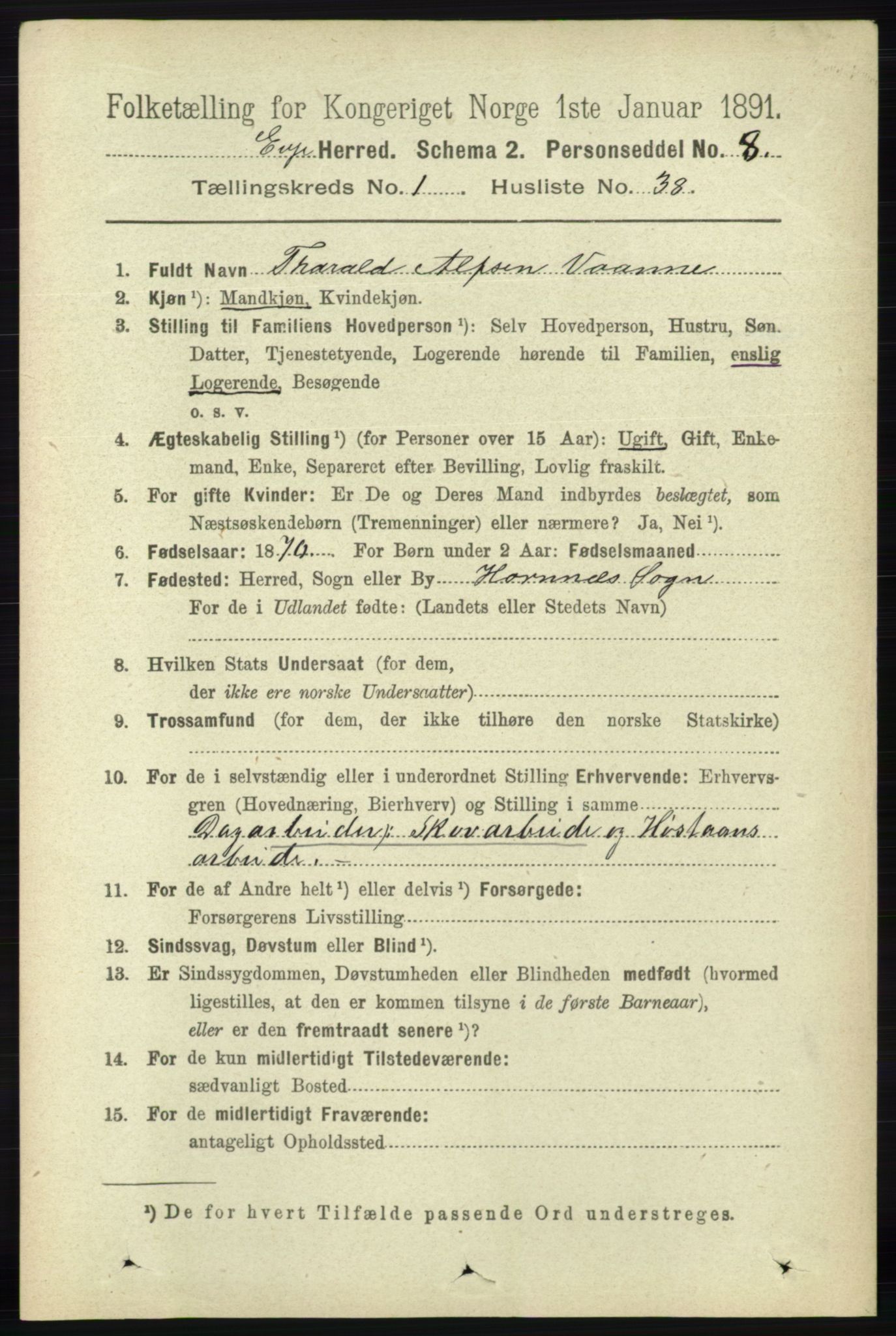 RA, 1891 census for 0937 Evje, 1891, p. 331