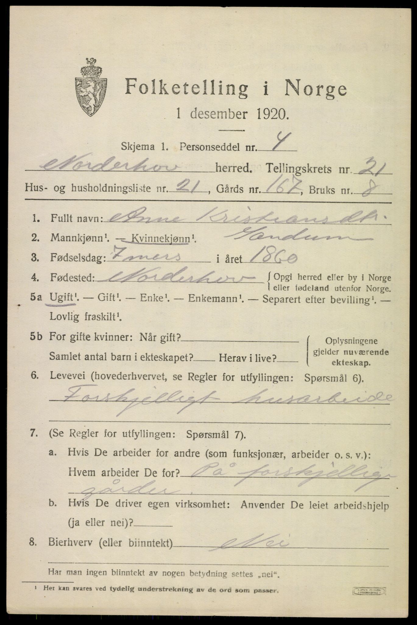 SAKO, 1920 census for Norderhov, 1920, p. 22182