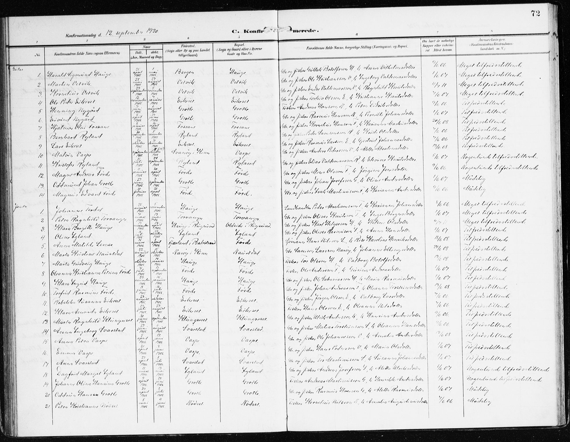 Bremanger sokneprestembete, SAB/A-82201/H/Haa/Haac/L0001: Parish register (official) no. C 1, 1908-1921, p. 72