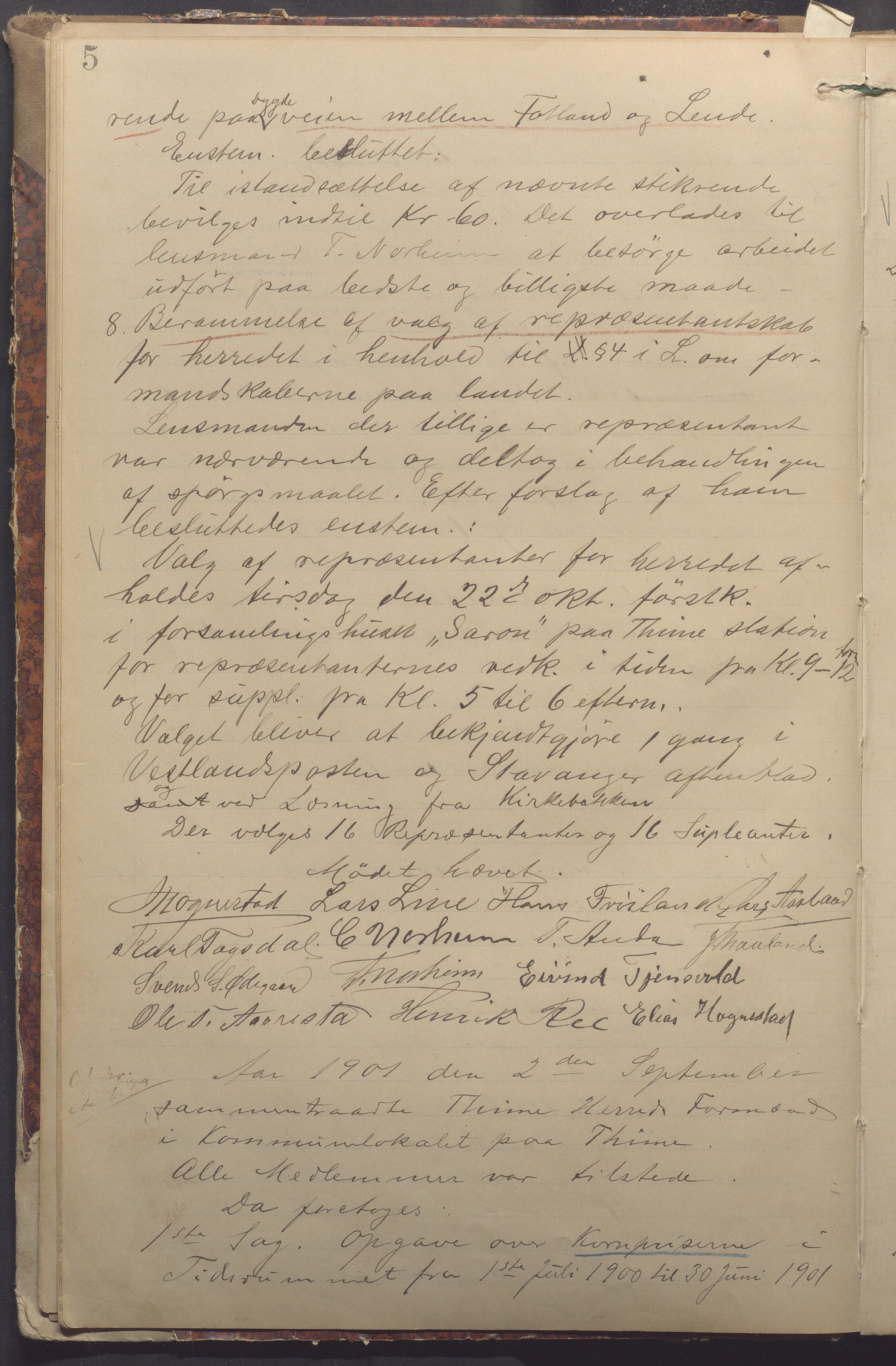 Time kommune - Formannskapet, IKAR/K-100592/A/Aa/L0005: Møtebok, 1901-1910, p. 5a