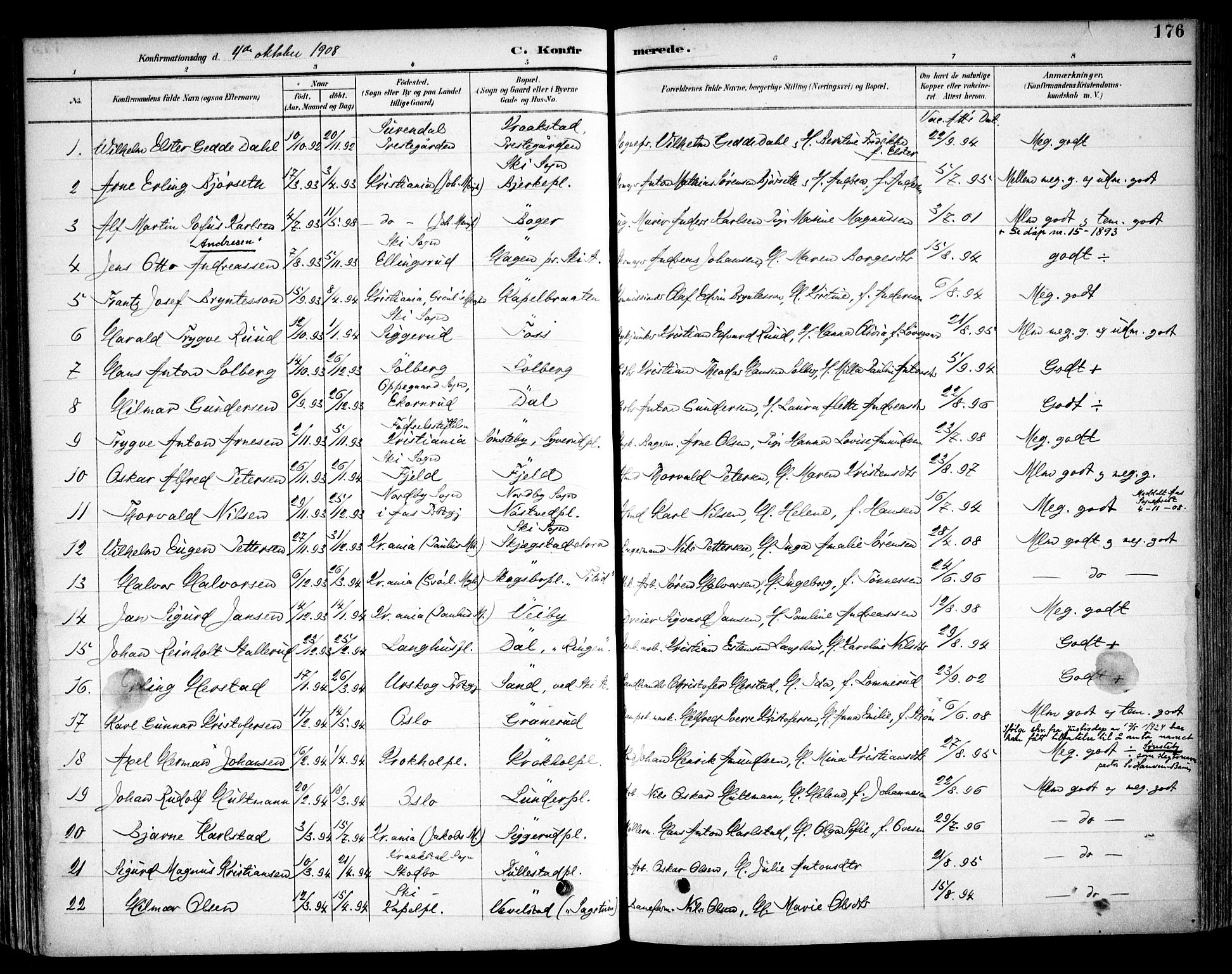 Kråkstad prestekontor Kirkebøker, SAO/A-10125a/F/Fb/L0002: Parish register (official) no. II 2, 1893-1917, p. 176