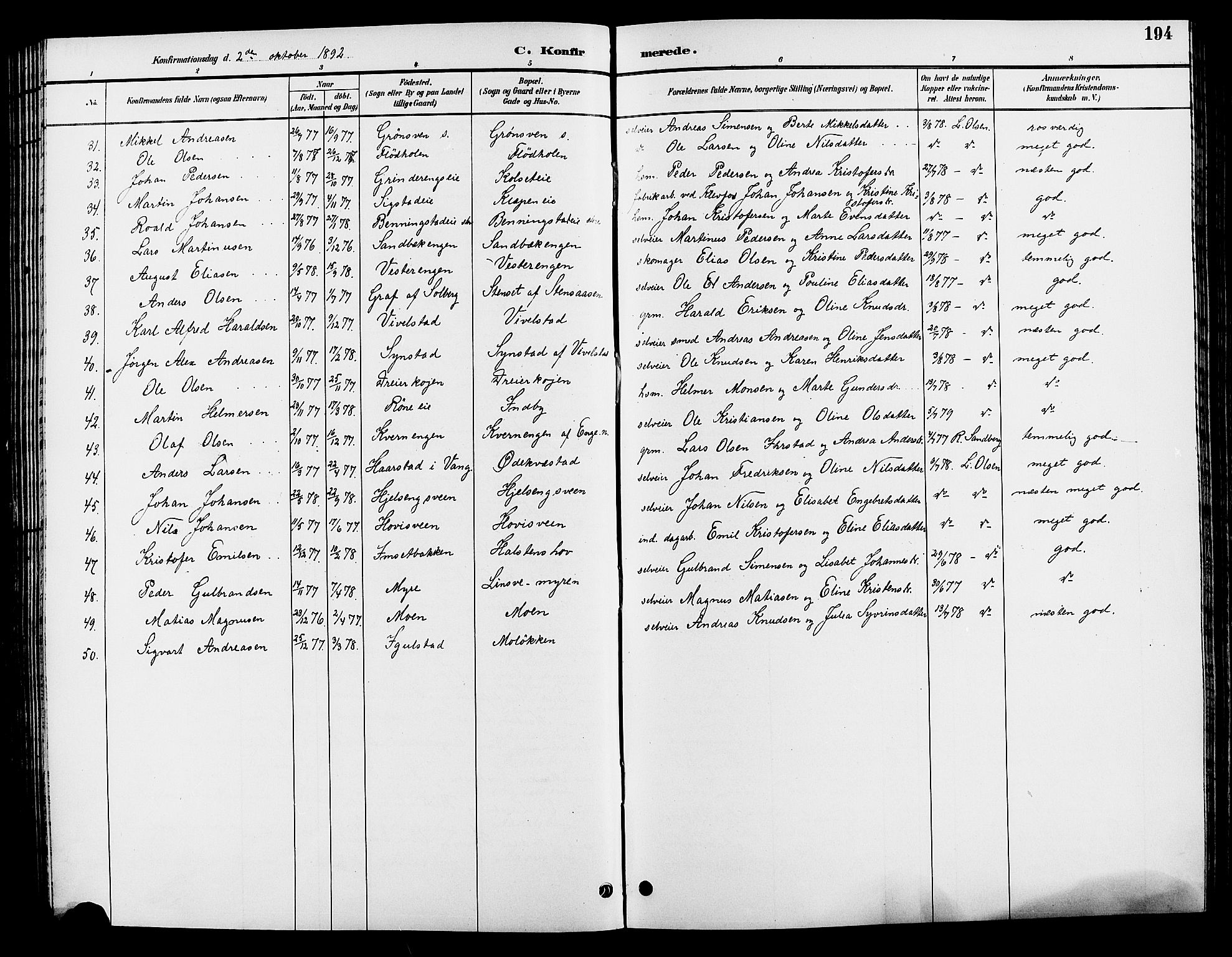 Løten prestekontor, SAH/PREST-022/L/La/L0006: Parish register (copy) no. 6, 1892-1909, p. 194