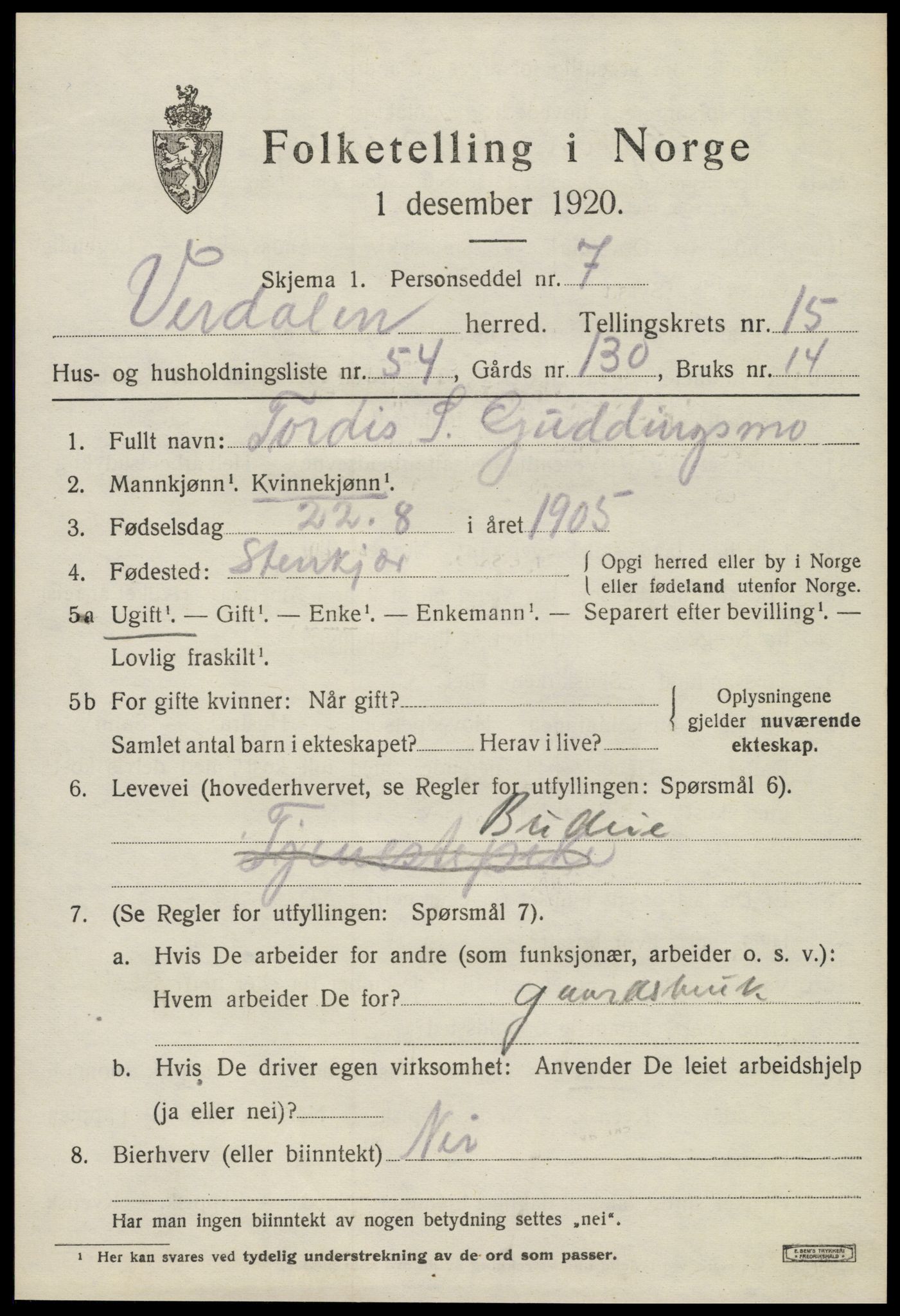 SAT, 1920 census for Verdal, 1920, p. 14823