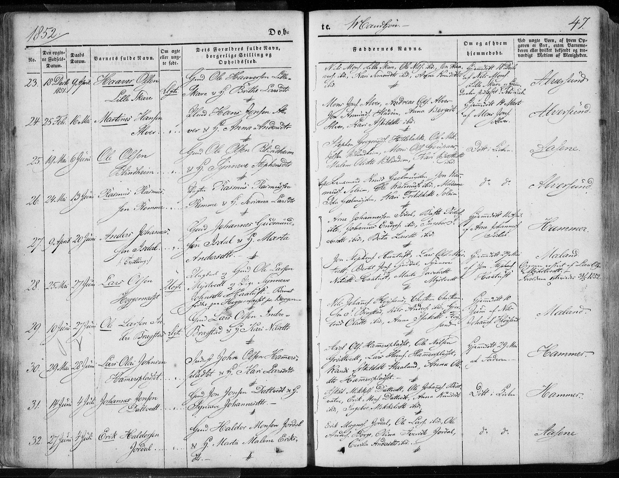 Hamre sokneprestembete, SAB/A-75501/H/Ha/Haa/Haaa/L0013: Parish register (official) no. A 13, 1846-1857, p. 47