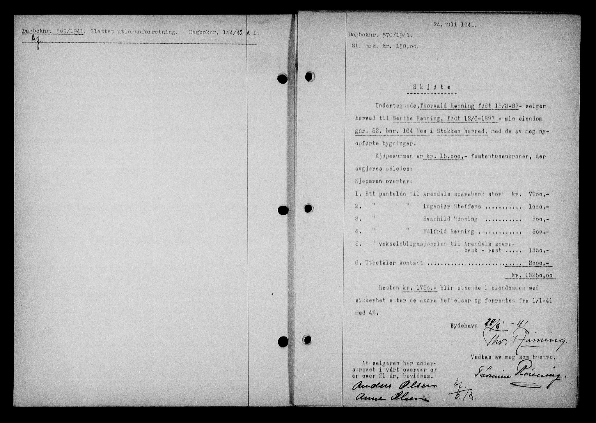 Nedenes sorenskriveri, SAK/1221-0006/G/Gb/Gba/L0048: Mortgage book no. A-II, 1940-1941, Diary no: : 570/1941