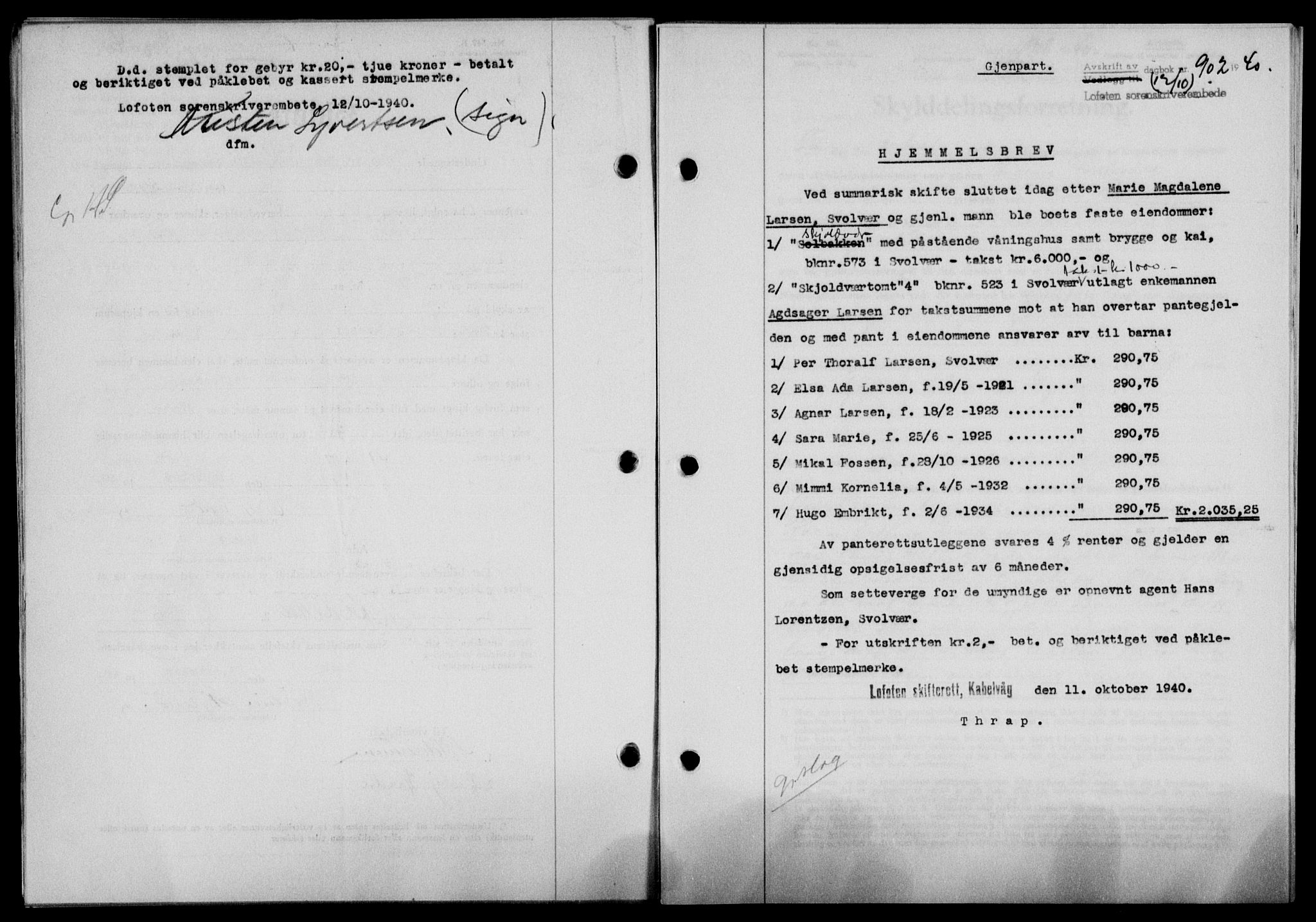 Lofoten sorenskriveri, SAT/A-0017/1/2/2C/L0007a: Mortgage book no. 7a, 1939-1940, Diary no: : 902/1940