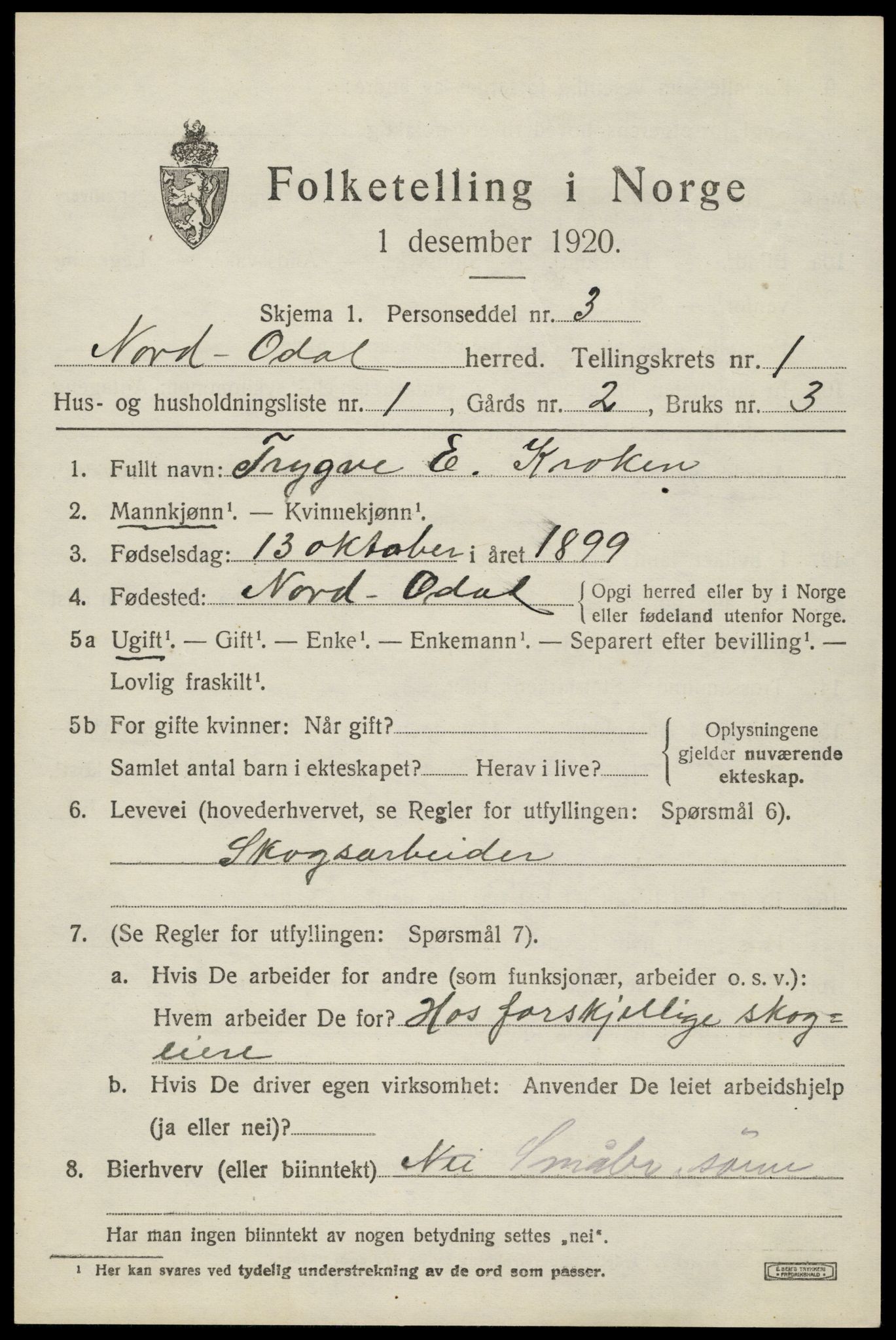 SAH, 1920 census for Nord-Odal, 1920, p. 1803