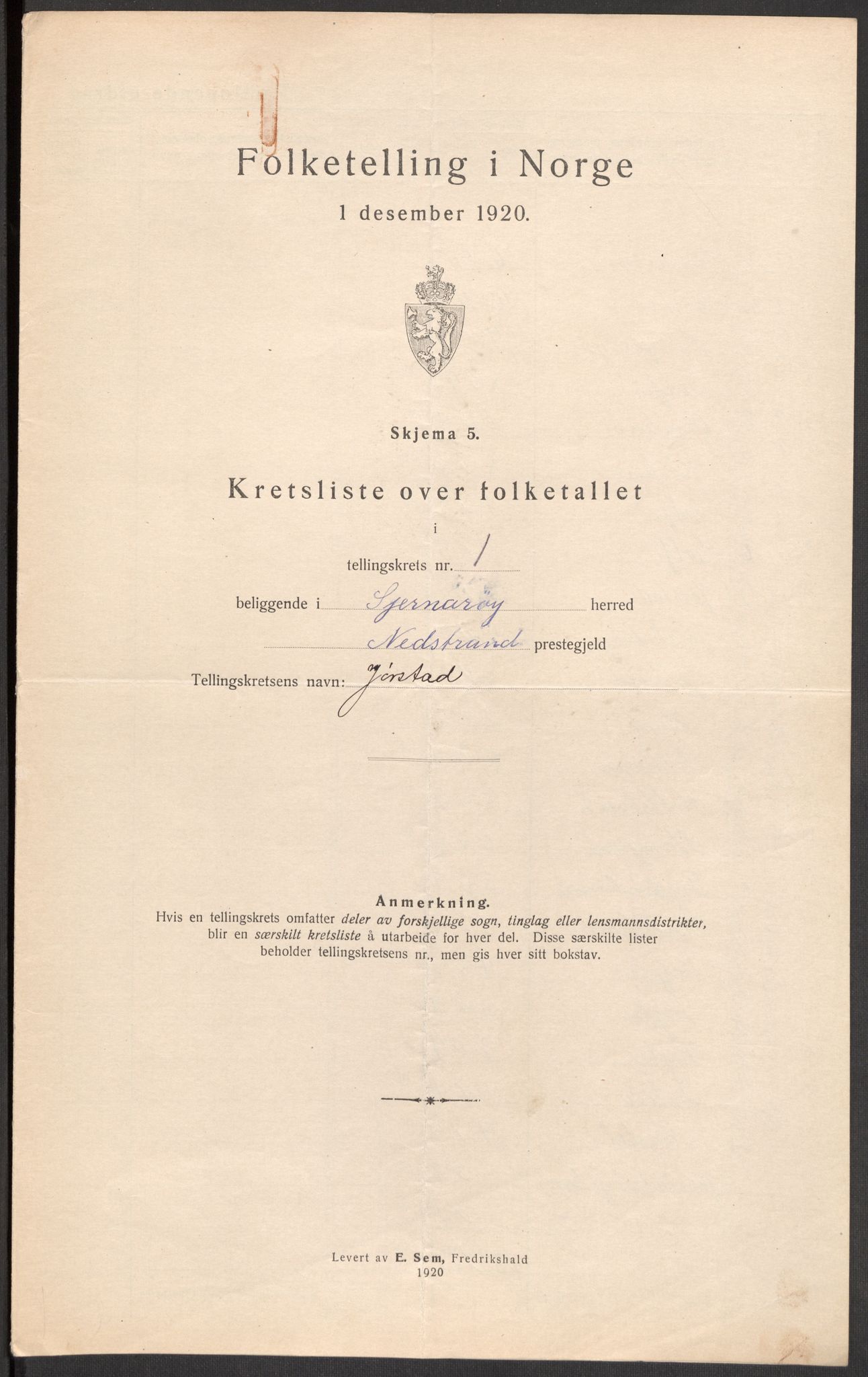 SAST, 1920 census for Sjernarøy, 1920, p. 13