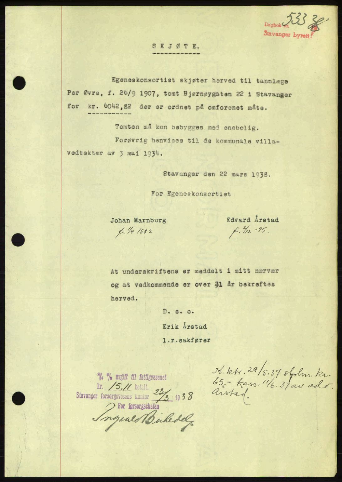 Stavanger byrett, SAST/A-100455/002/G/Gb/L0013: Mortgage book no. A3, 1937-1938, Diary no: : 533/1938