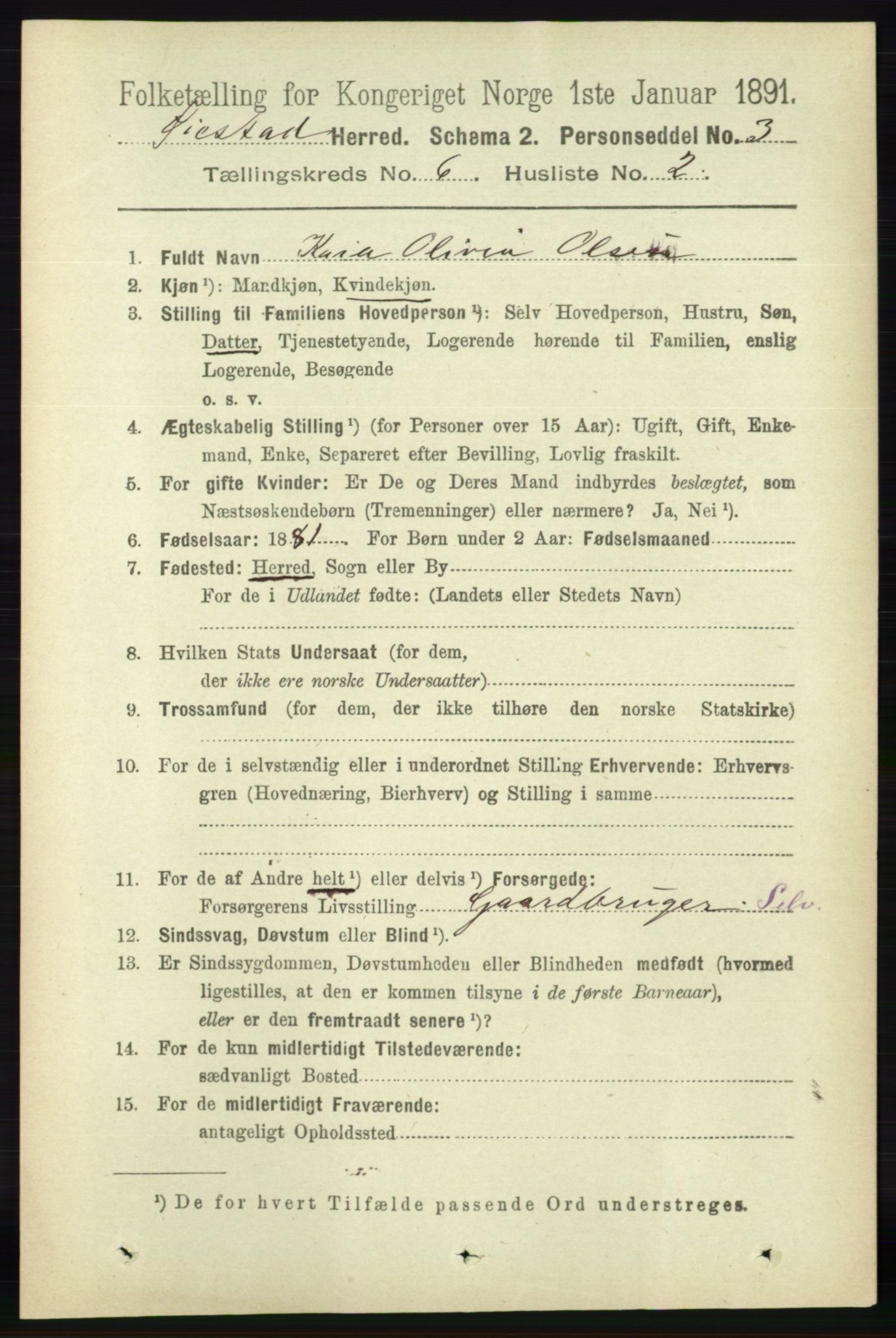 RA, 1891 census for 0920 Øyestad, 1891, p. 2140