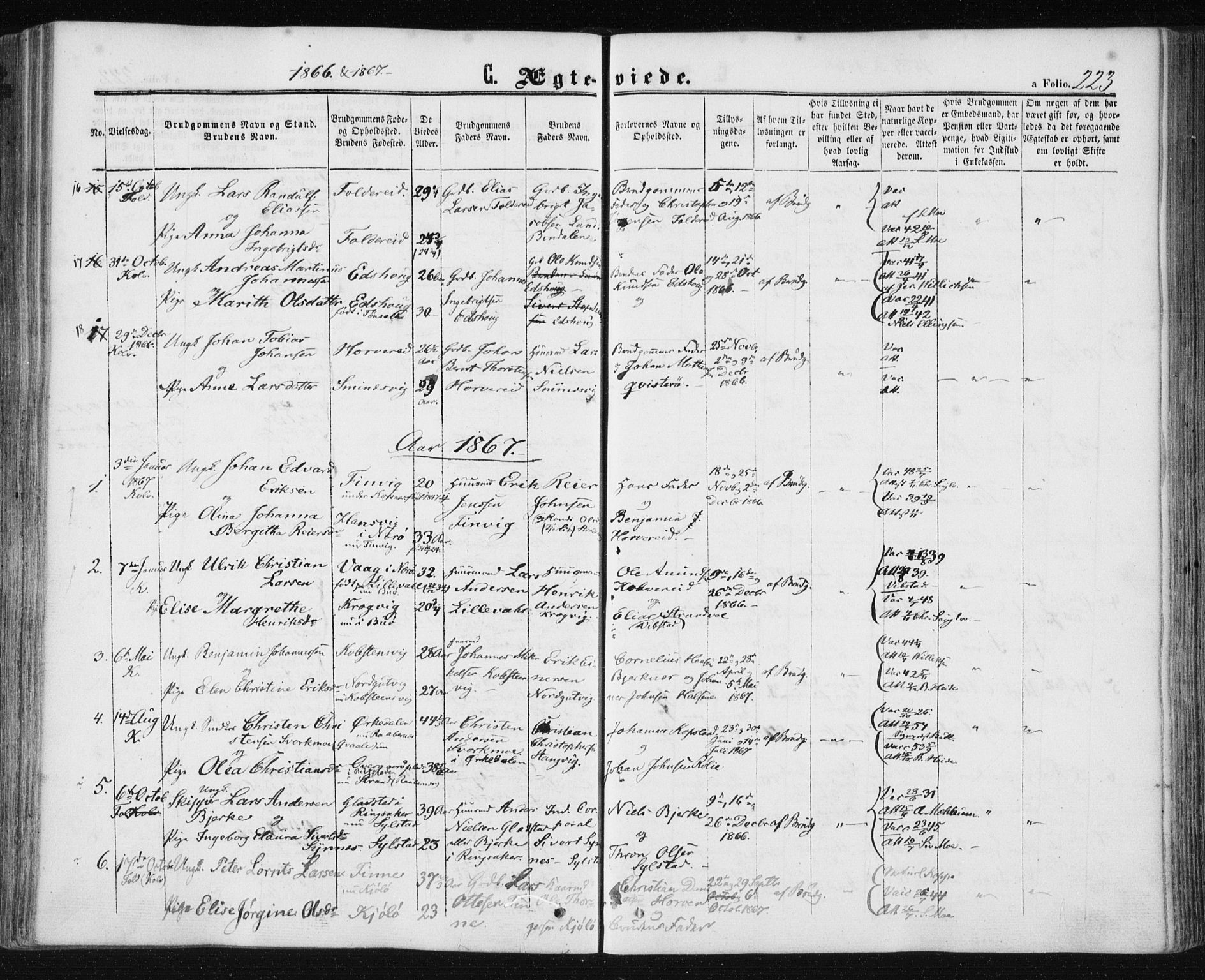 Ministerialprotokoller, klokkerbøker og fødselsregistre - Nord-Trøndelag, SAT/A-1458/780/L0641: Parish register (official) no. 780A06, 1857-1874, p. 223