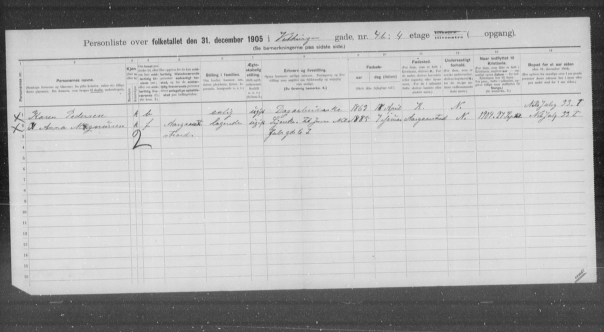 OBA, Municipal Census 1905 for Kristiania, 1905, p. 64396