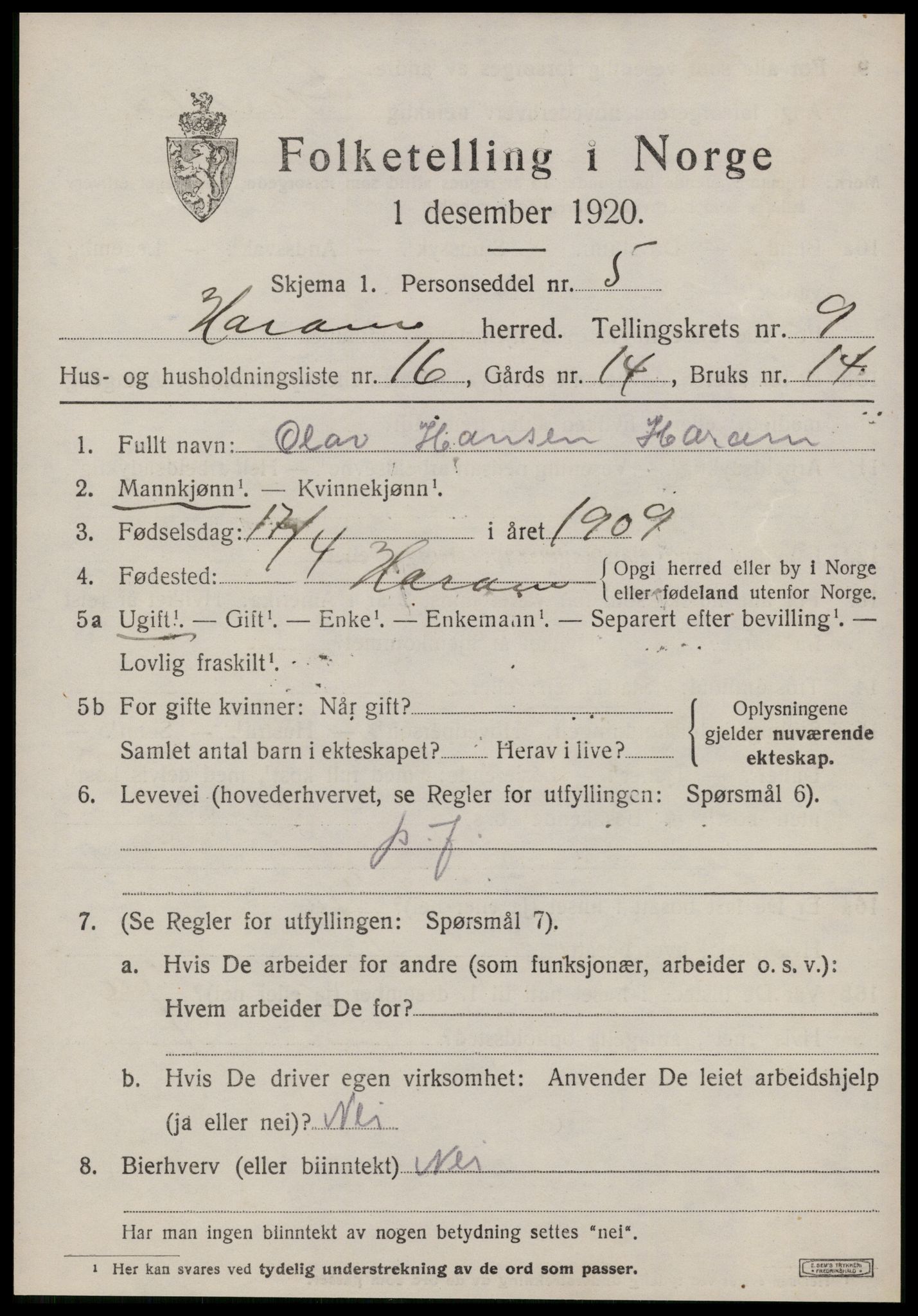 SAT, 1920 census for Haram, 1920, p. 5293