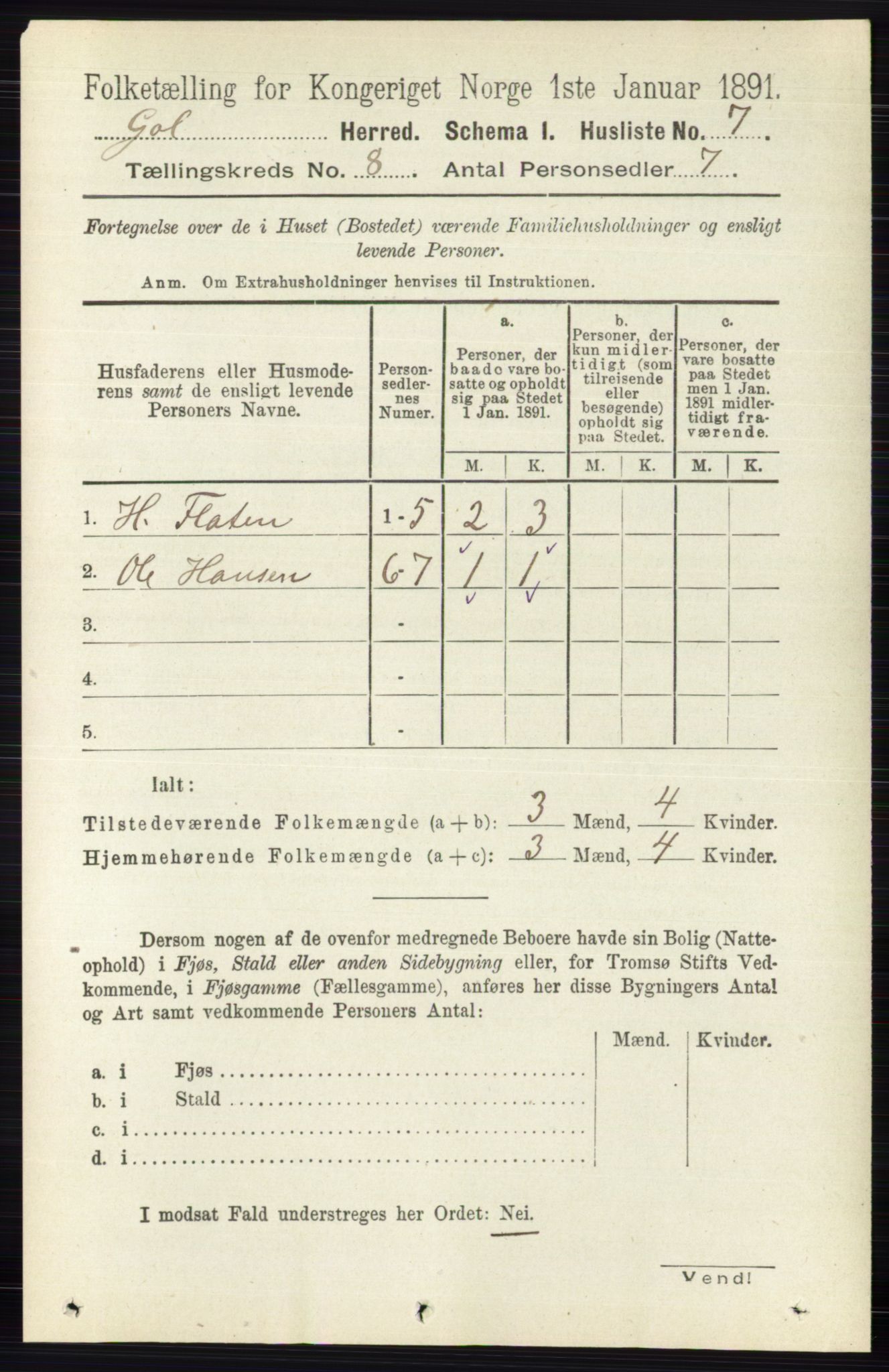 RA, 1891 census for 0617 Gol og Hemsedal, 1891, p. 2988