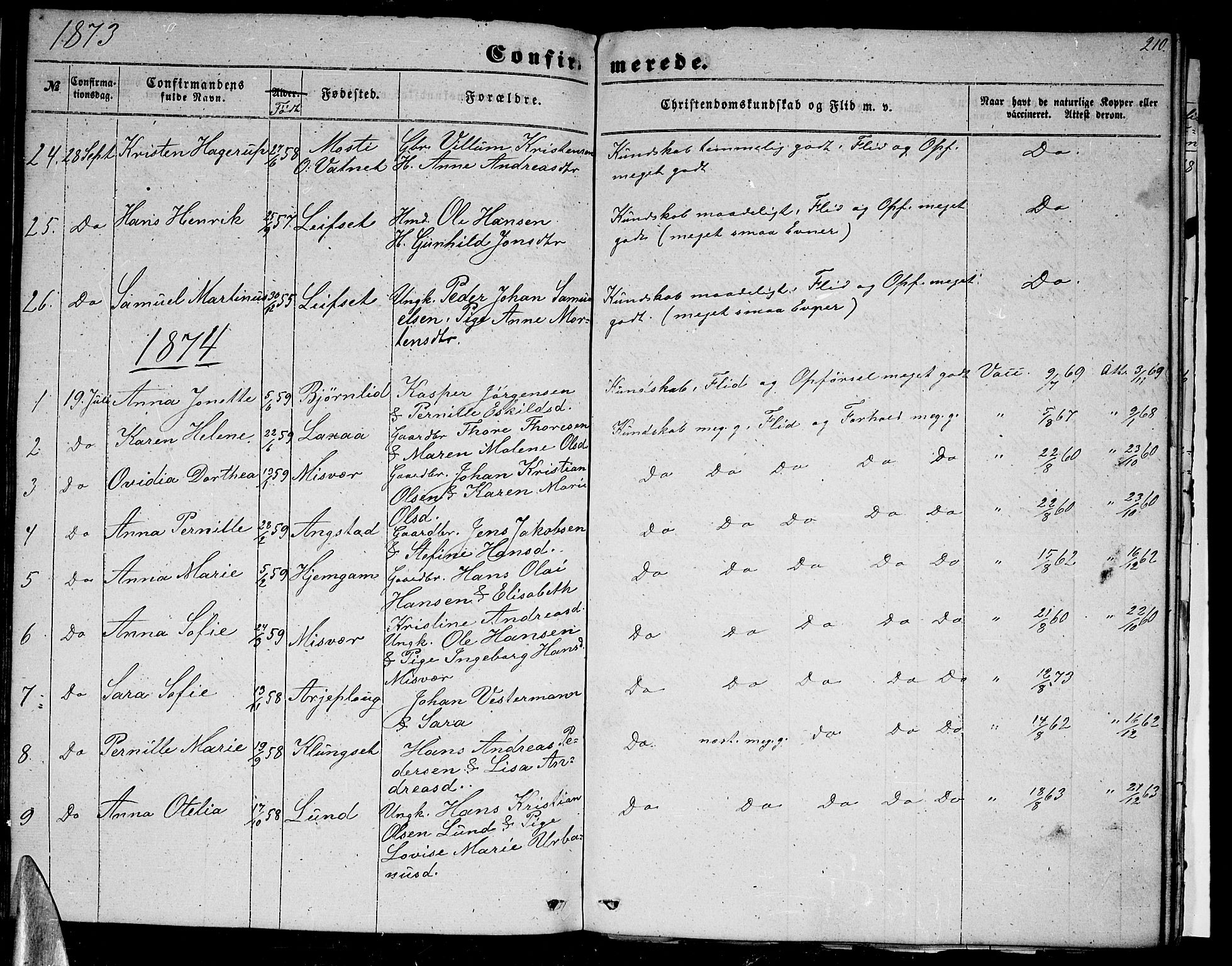 Ministerialprotokoller, klokkerbøker og fødselsregistre - Nordland, AV/SAT-A-1459/852/L0753: Parish register (copy) no. 852C04, 1856-1877, p. 210