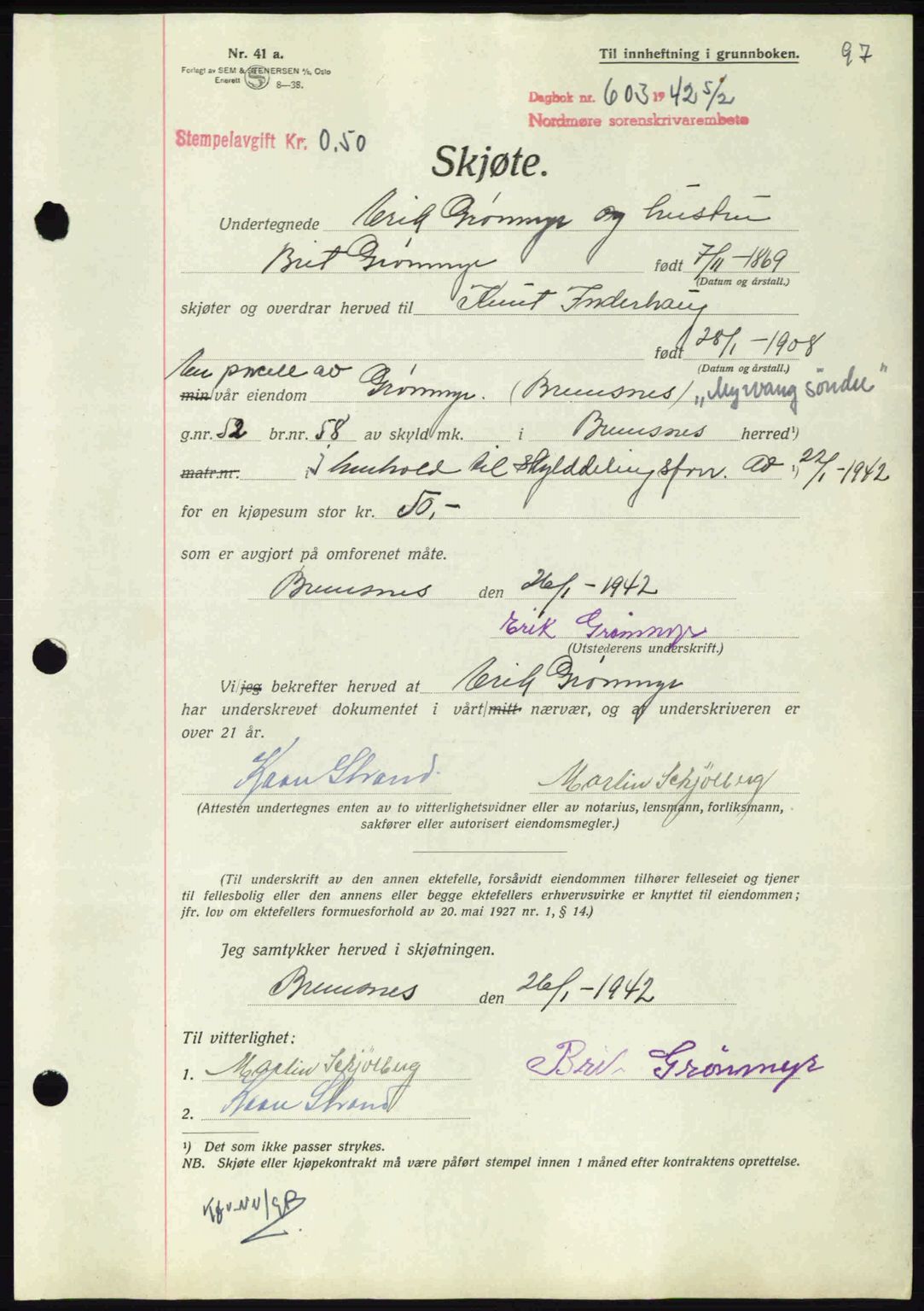 Nordmøre sorenskriveri, AV/SAT-A-4132/1/2/2Ca: Mortgage book no. A92, 1942-1942, Diary no: : 603/1942