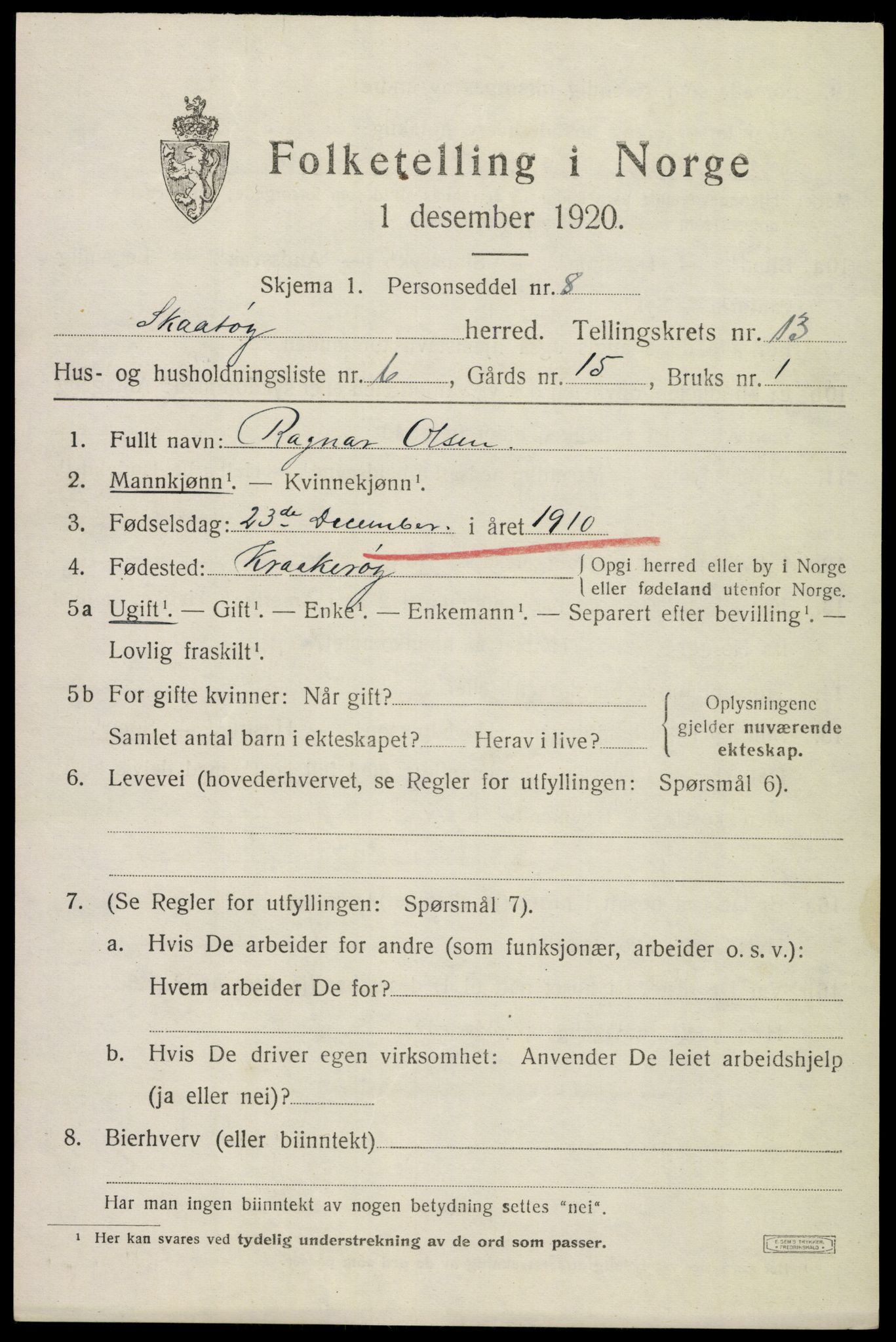 SAKO, 1920 census for Skåtøy, 1920, p. 9096