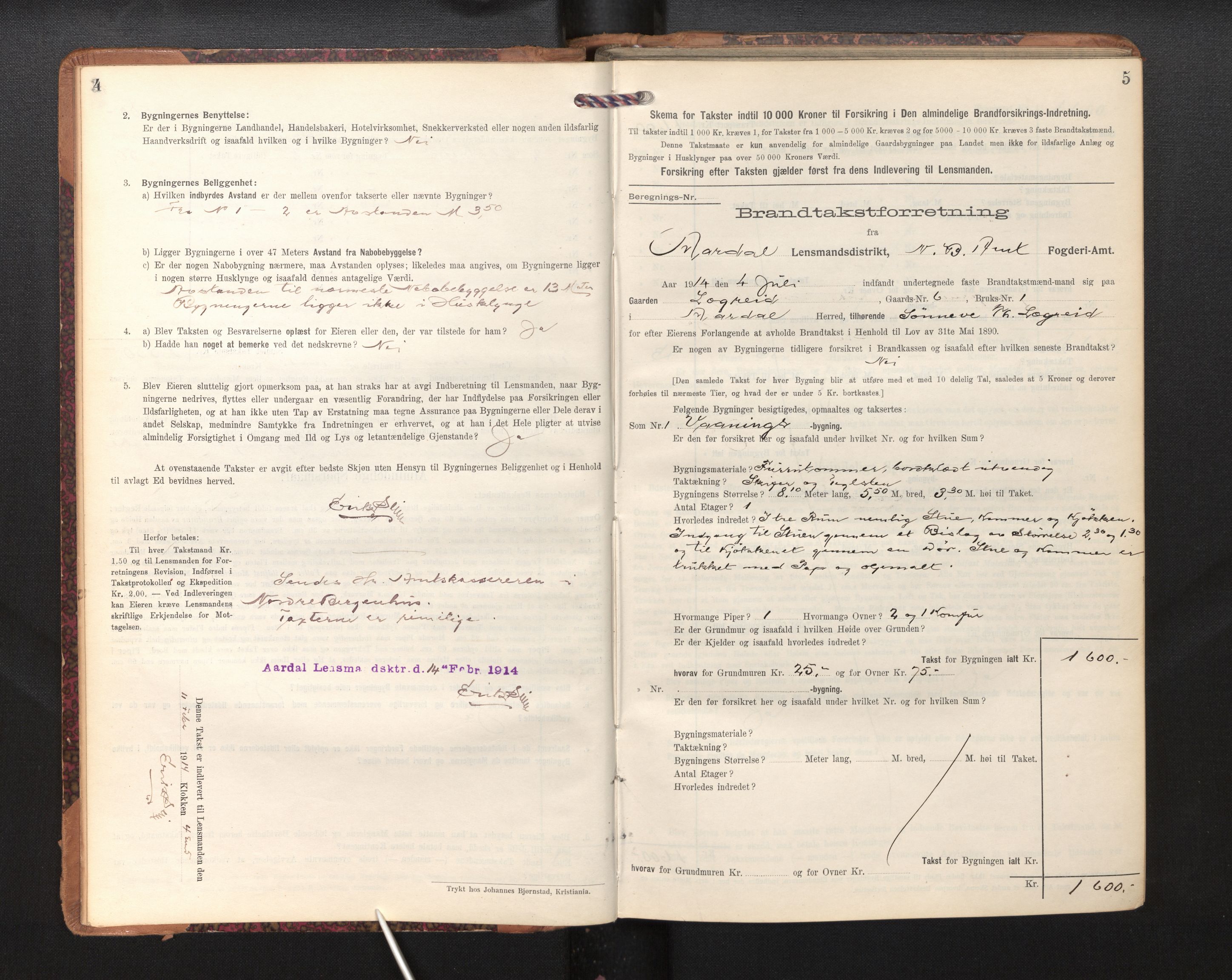 Lensmannen i Årdal, AV/SAB-A-30501/0012/L0009: Branntakstprotokoll, skjematakst, 1914-1926, p. 4-5