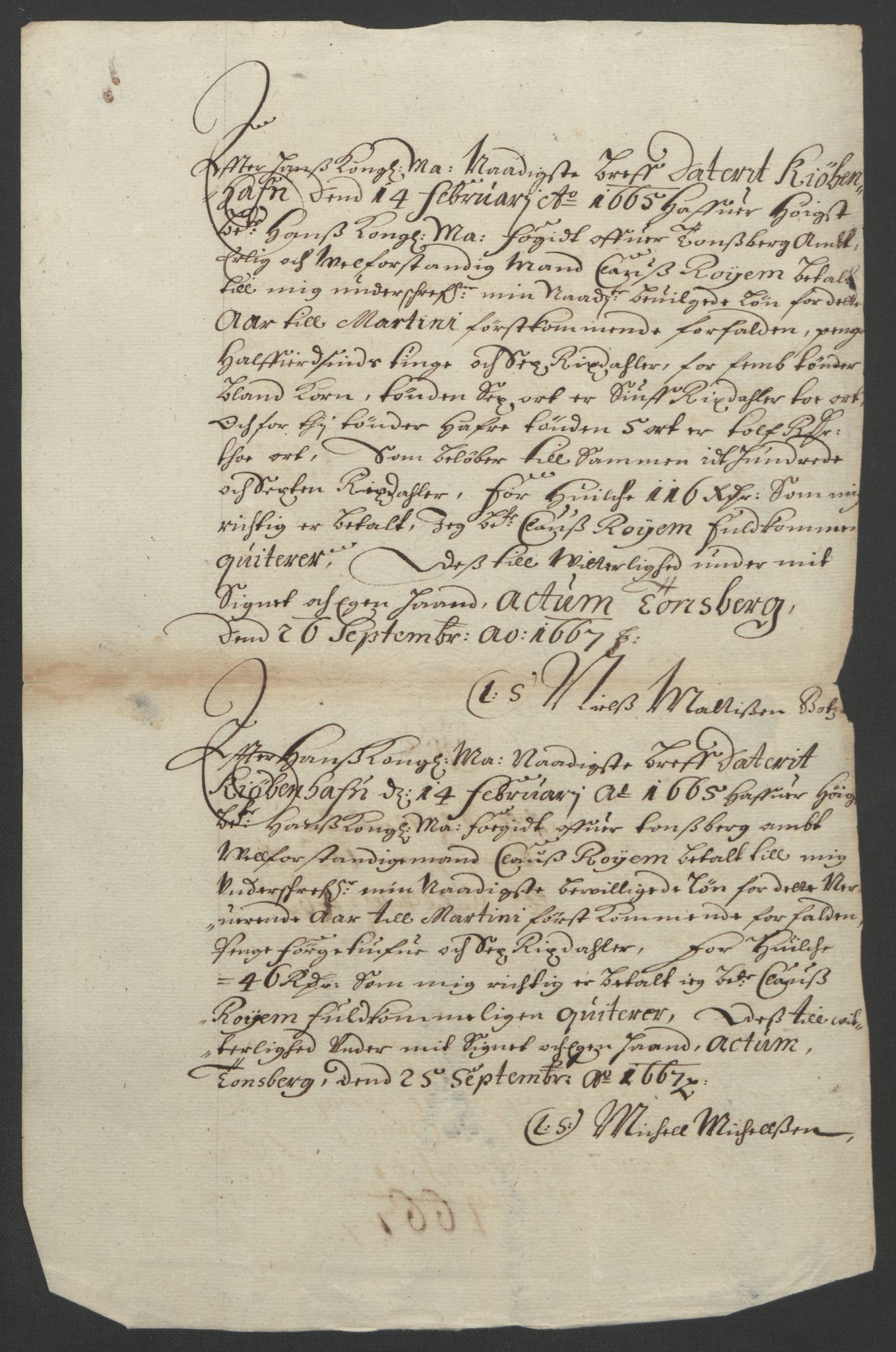 Rentekammeret inntil 1814, Reviderte regnskaper, Fogderegnskap, AV/RA-EA-4092/R32/L1842: Fogderegnskap Jarlsberg grevskap, 1664-1673, p. 104