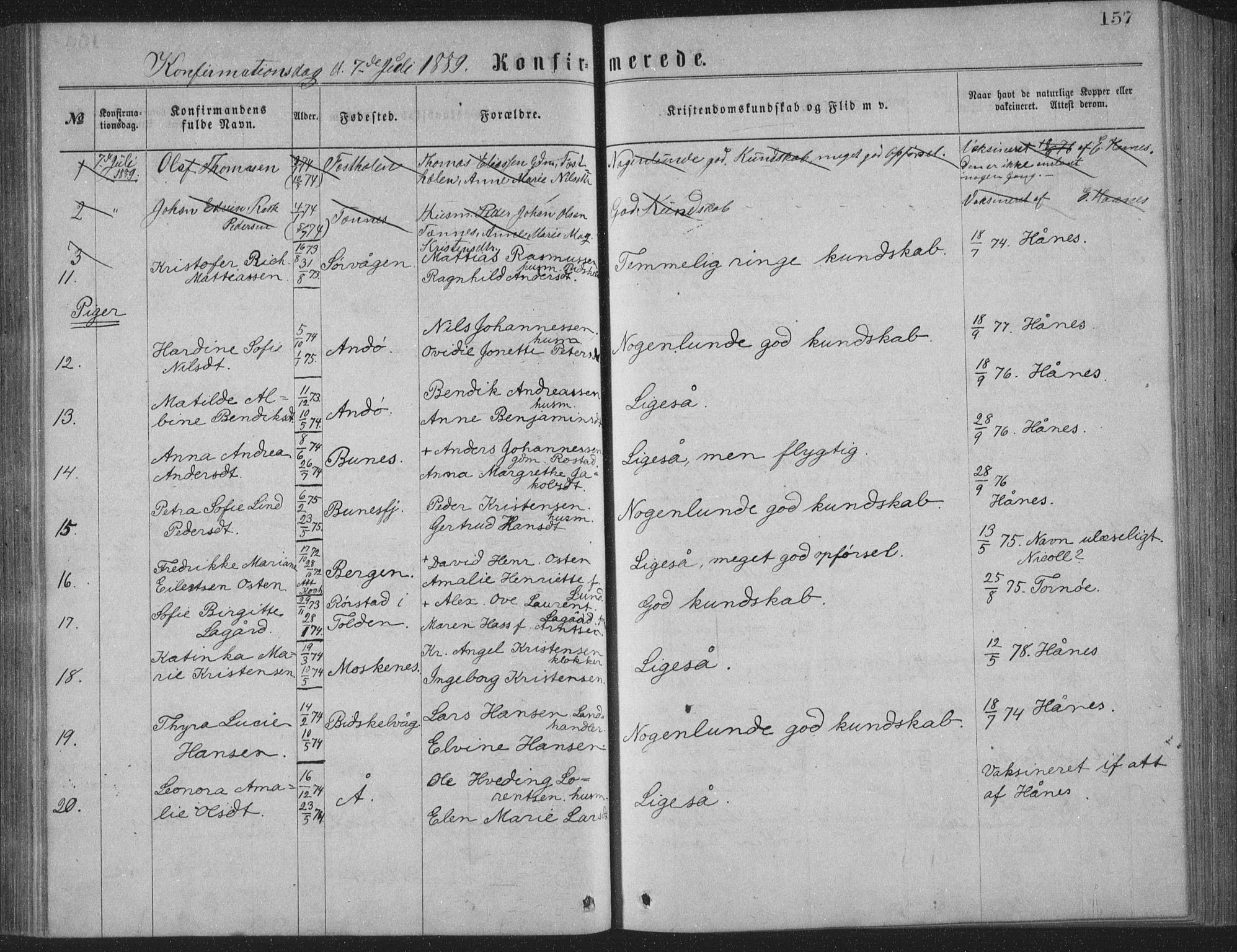 Ministerialprotokoller, klokkerbøker og fødselsregistre - Nordland, AV/SAT-A-1459/886/L1225: Parish register (copy) no. 886C02, 1874-1896, p. 157