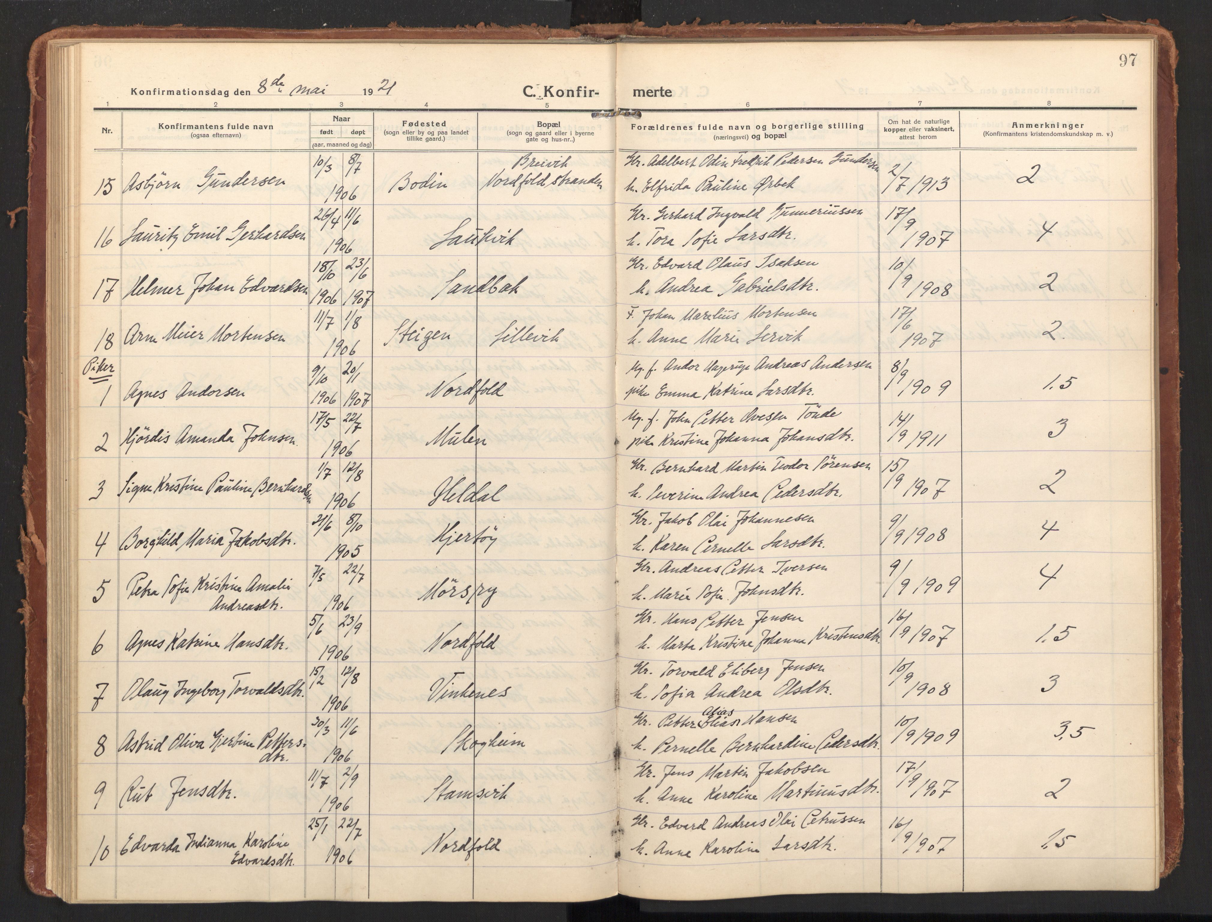 Ministerialprotokoller, klokkerbøker og fødselsregistre - Nordland, AV/SAT-A-1459/858/L0833: Parish register (official) no. 858A03, 1916-1934, p. 97