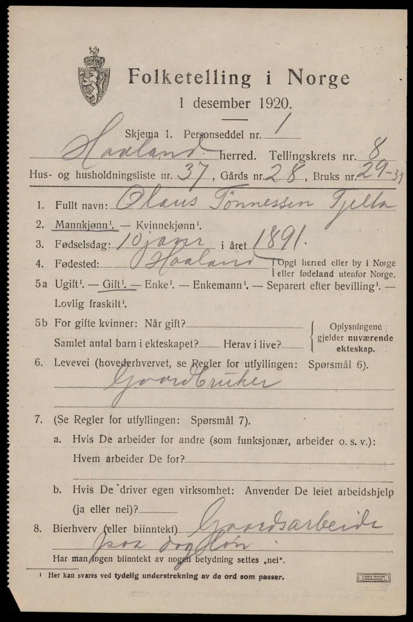SAST, 1920 census for Håland, 1920, p. 6767
