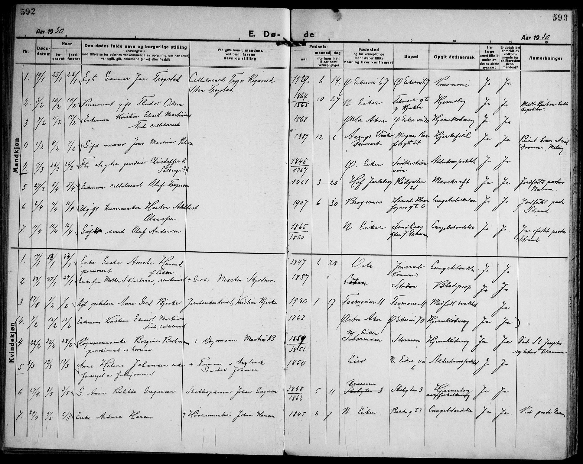 Strømsgodset kirkebøker, SAKO/A-324/F/Fa/L0003: Parish register (official) no. 3, 1920-1936, p. 592-593