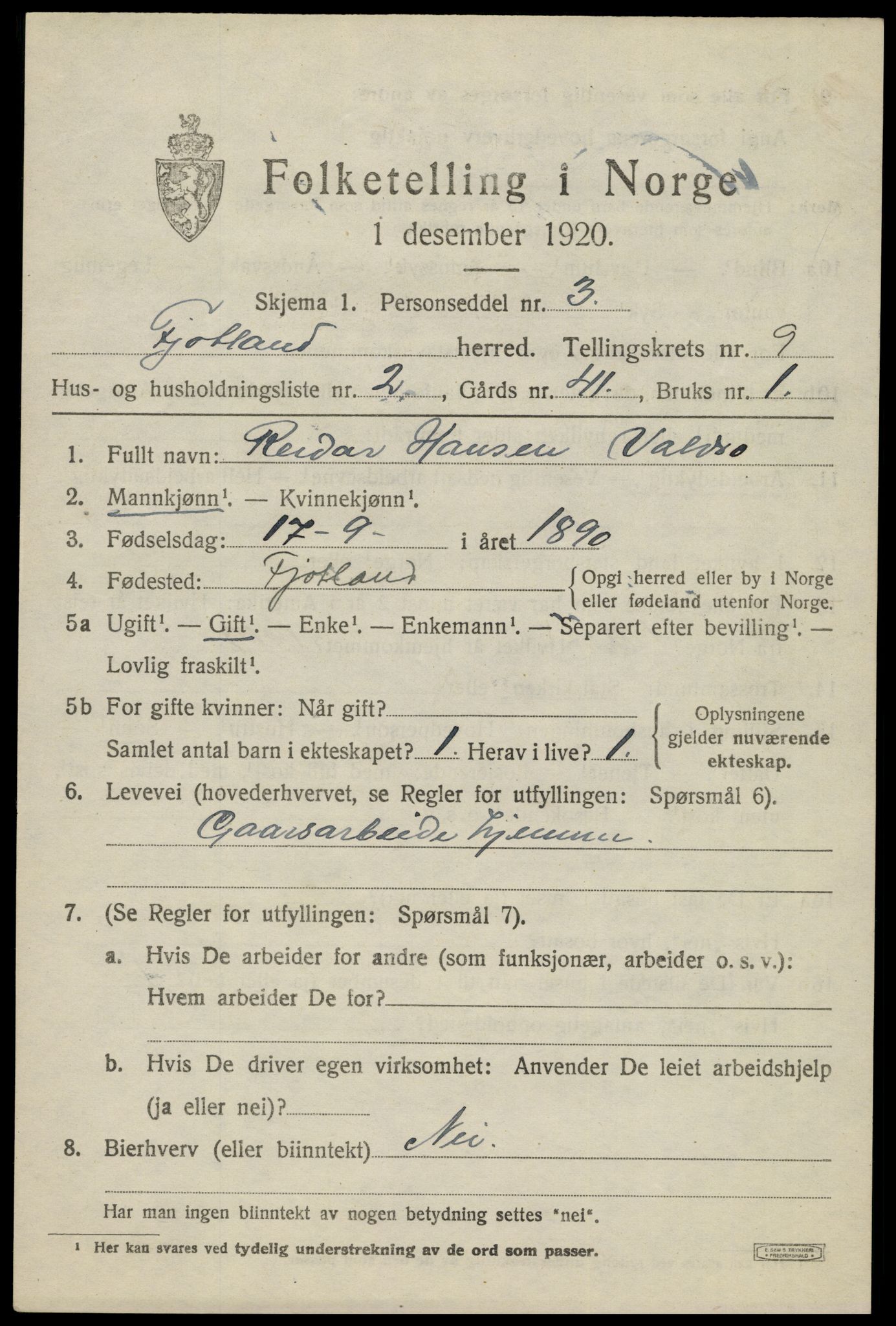 SAK, 1920 census for Fjotland, 1920, p. 2236