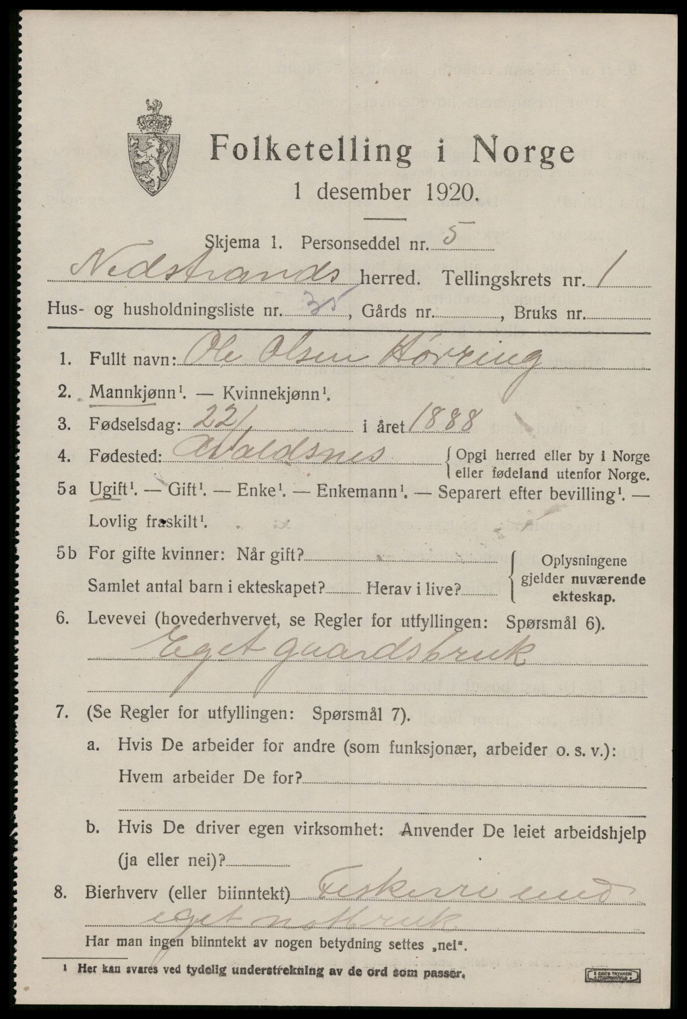 SAST, 1920 census for Nedstrand, 1920, p. 981