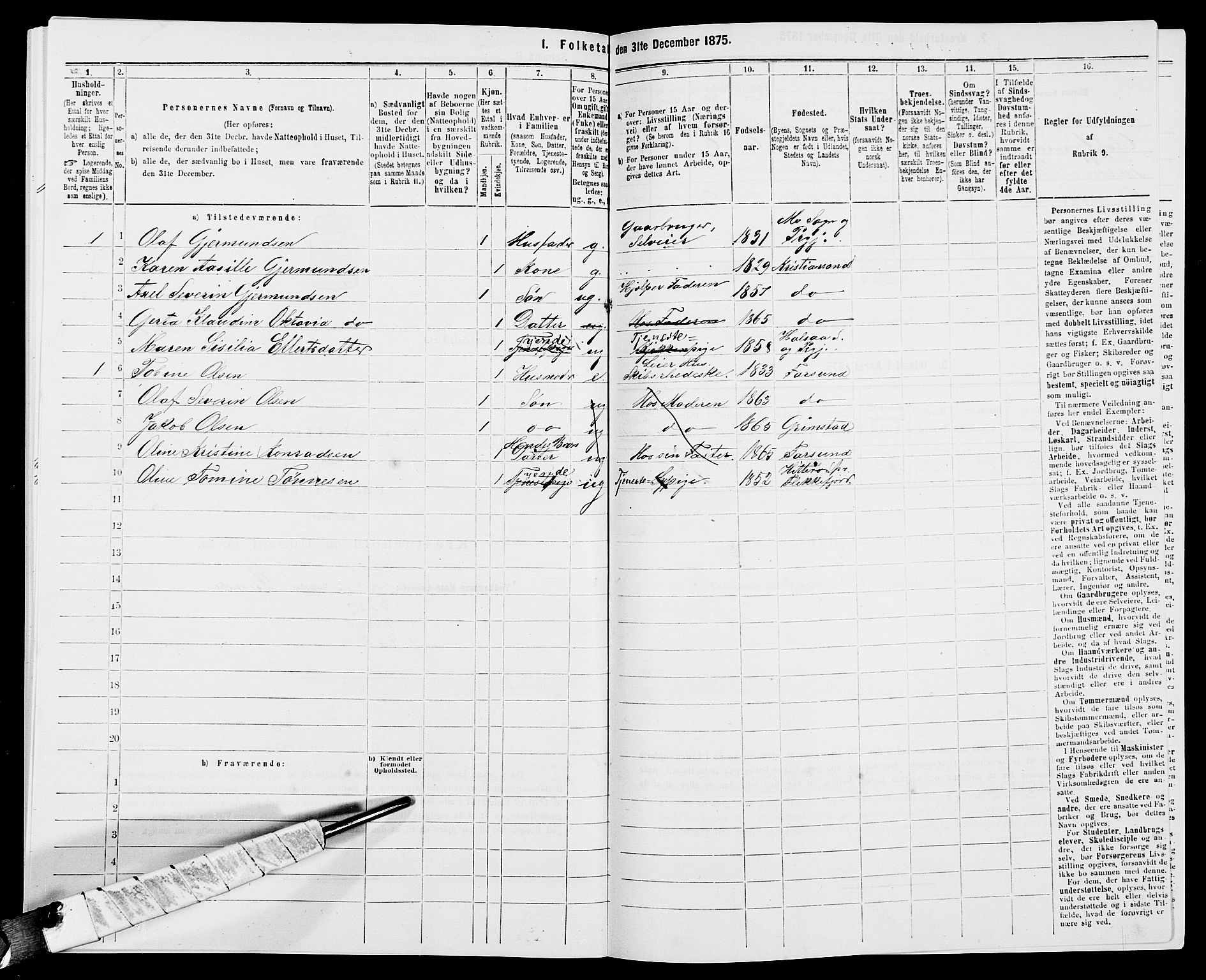 SAK, 1875 census for 1041L Vanse/Vanse og Farsund, 1875, p. 293