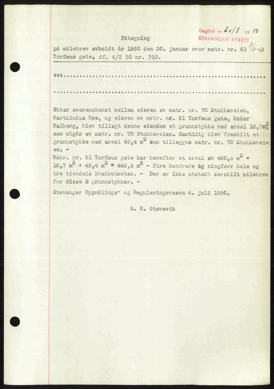 Stavanger byrett, SAST/A-100455/002/G/Gb/L0024: Mortgage book no. A13, 1949-1950, Diary no: : 2018/1950