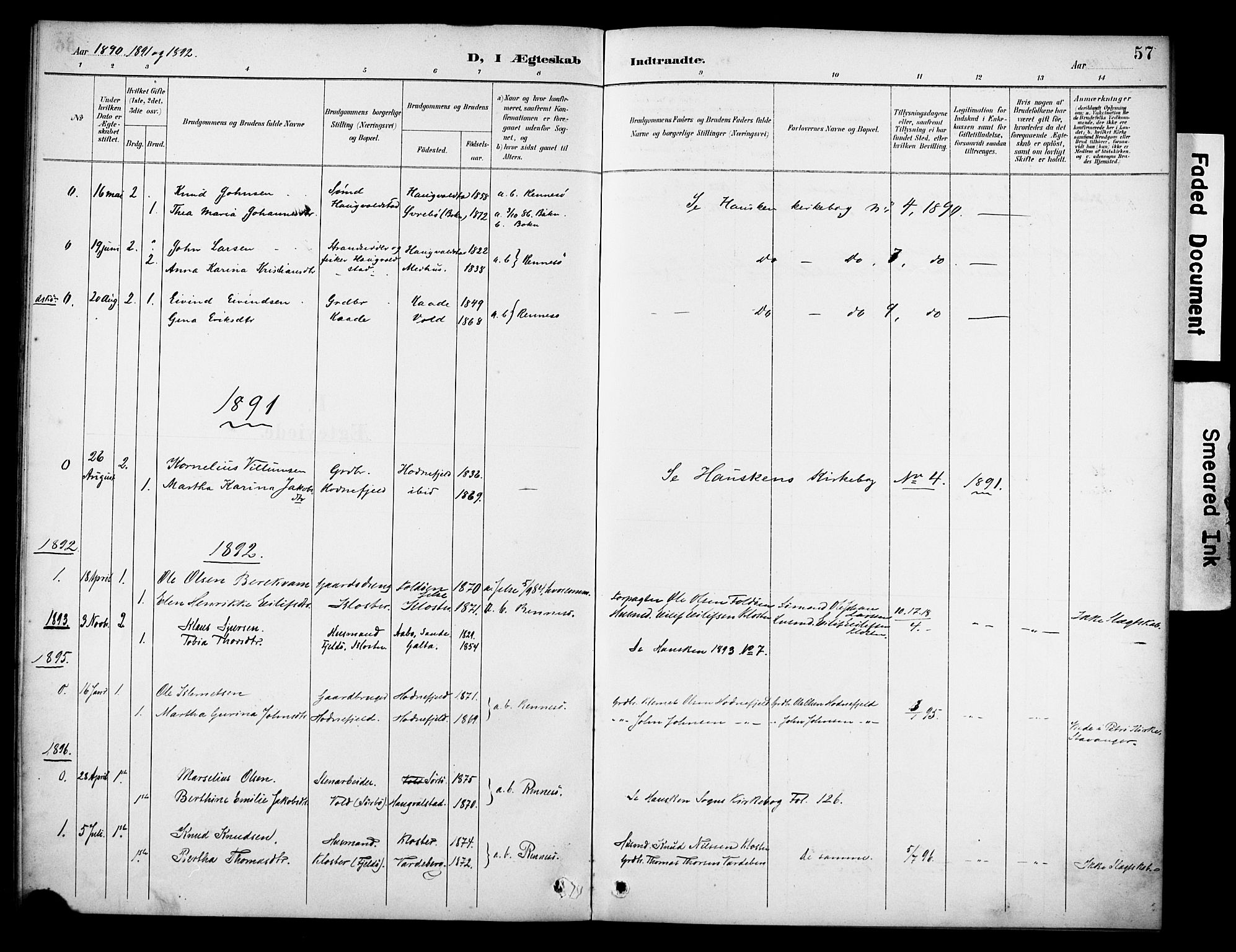 Rennesøy sokneprestkontor, SAST/A -101827/H/Ha/Haa/L0014: Parish register (official) no. A 14, 1890-1908, p. 57
