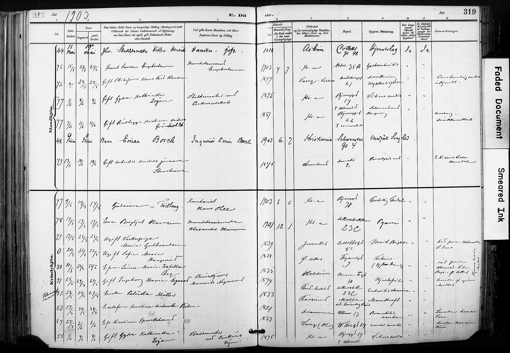 Gamle Aker prestekontor Kirkebøker, SAO/A-10617a/F/L0013: Parish register (official) no. 13, 1901-1908, p. 319