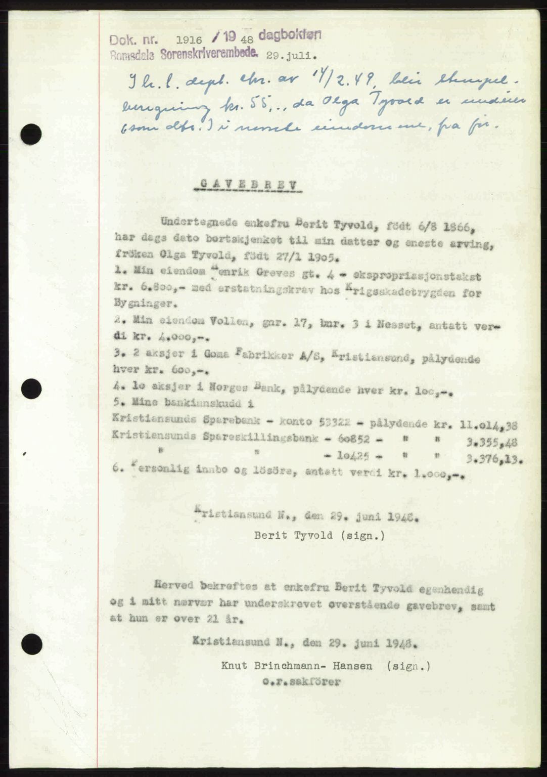 Romsdal sorenskriveri, AV/SAT-A-4149/1/2/2C: Mortgage book no. A26, 1948-1948, Diary no: : 1916/1948