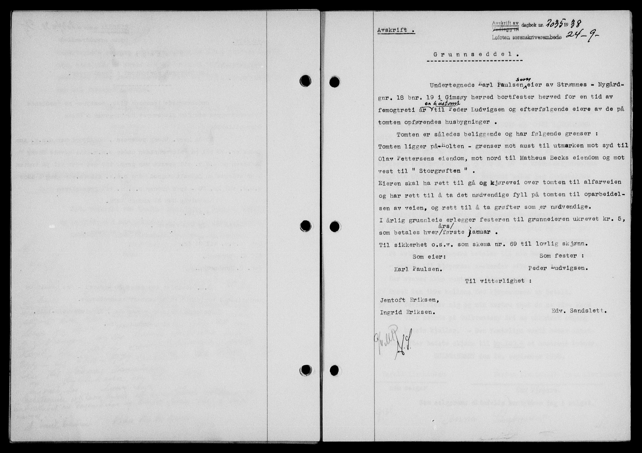 Lofoten sorenskriveri, SAT/A-0017/1/2/2C/L0004a: Mortgage book no. 4a, 1938-1938, Diary no: : 2035/1938