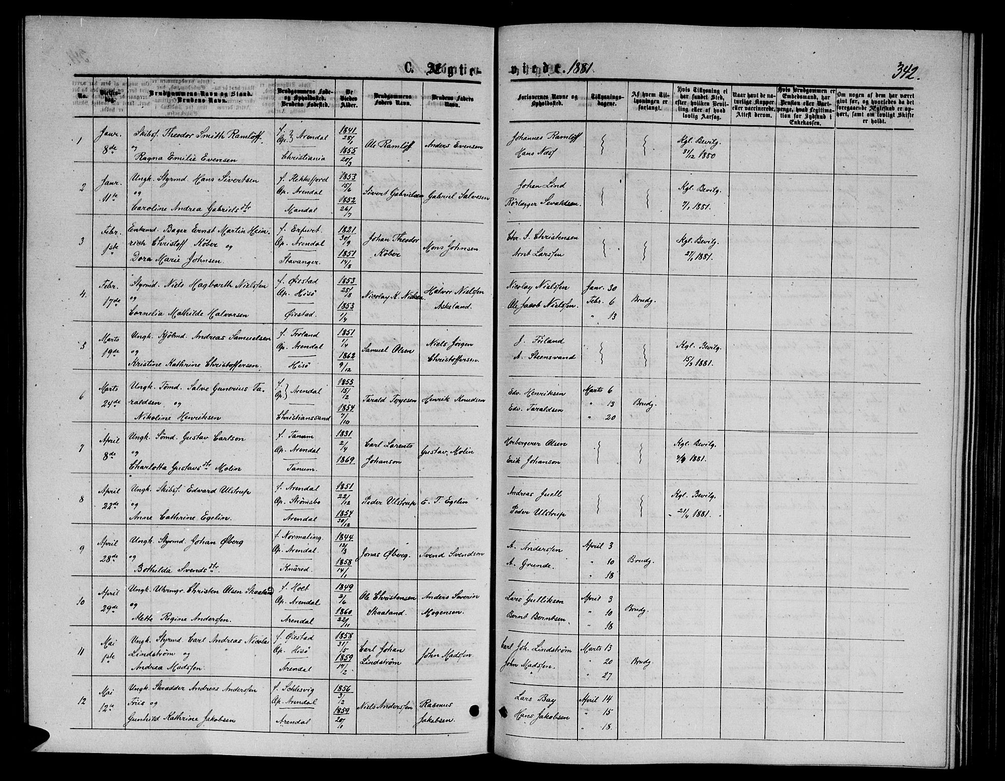 Arendal sokneprestkontor, Trefoldighet, AV/SAK-1111-0040/F/Fb/L0005: Parish register (copy) no. B 5, 1874-1888, p. 342