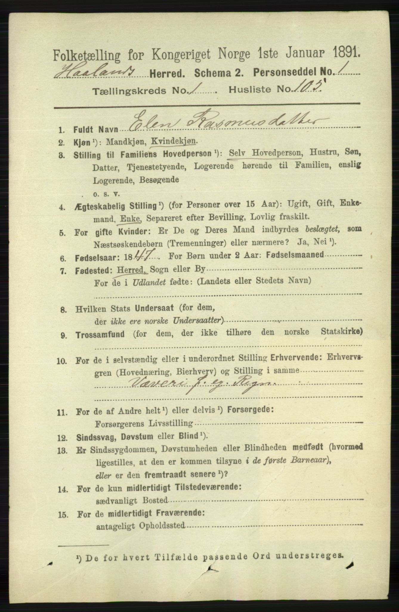 RA, 1891 census for 1124 Haaland, 1891, p. 860