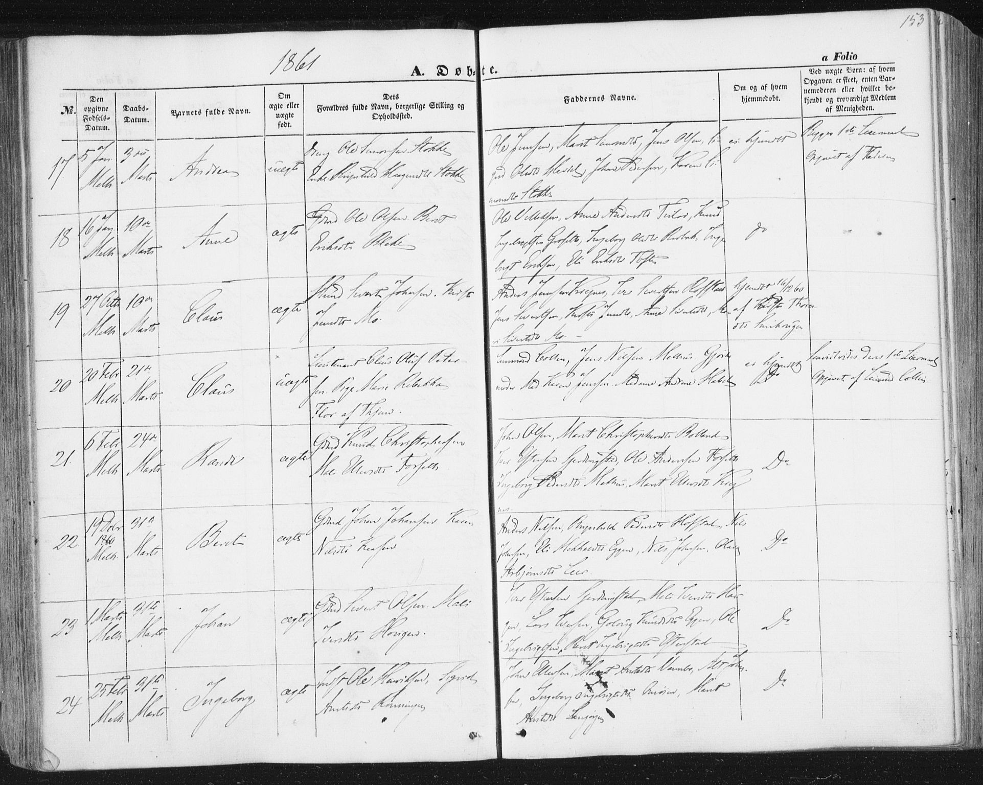 Ministerialprotokoller, klokkerbøker og fødselsregistre - Sør-Trøndelag, AV/SAT-A-1456/691/L1076: Parish register (official) no. 691A08, 1852-1861, p. 153
