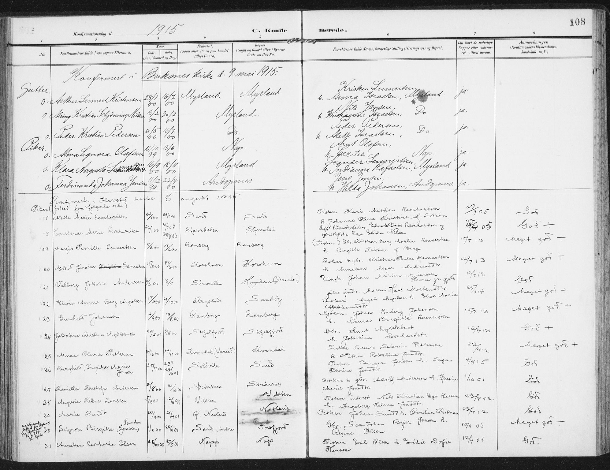 Ministerialprotokoller, klokkerbøker og fødselsregistre - Nordland, SAT/A-1459/885/L1206: Parish register (official) no. 885A07, 1905-1915, p. 108