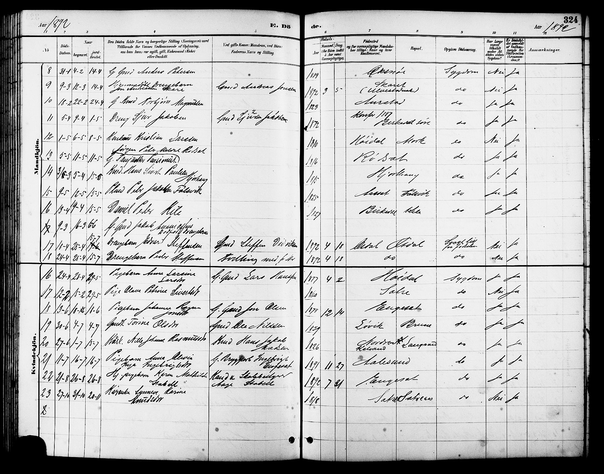 Ministerialprotokoller, klokkerbøker og fødselsregistre - Møre og Romsdal, AV/SAT-A-1454/511/L0158: Parish register (copy) no. 511C04, 1884-1903, p. 324