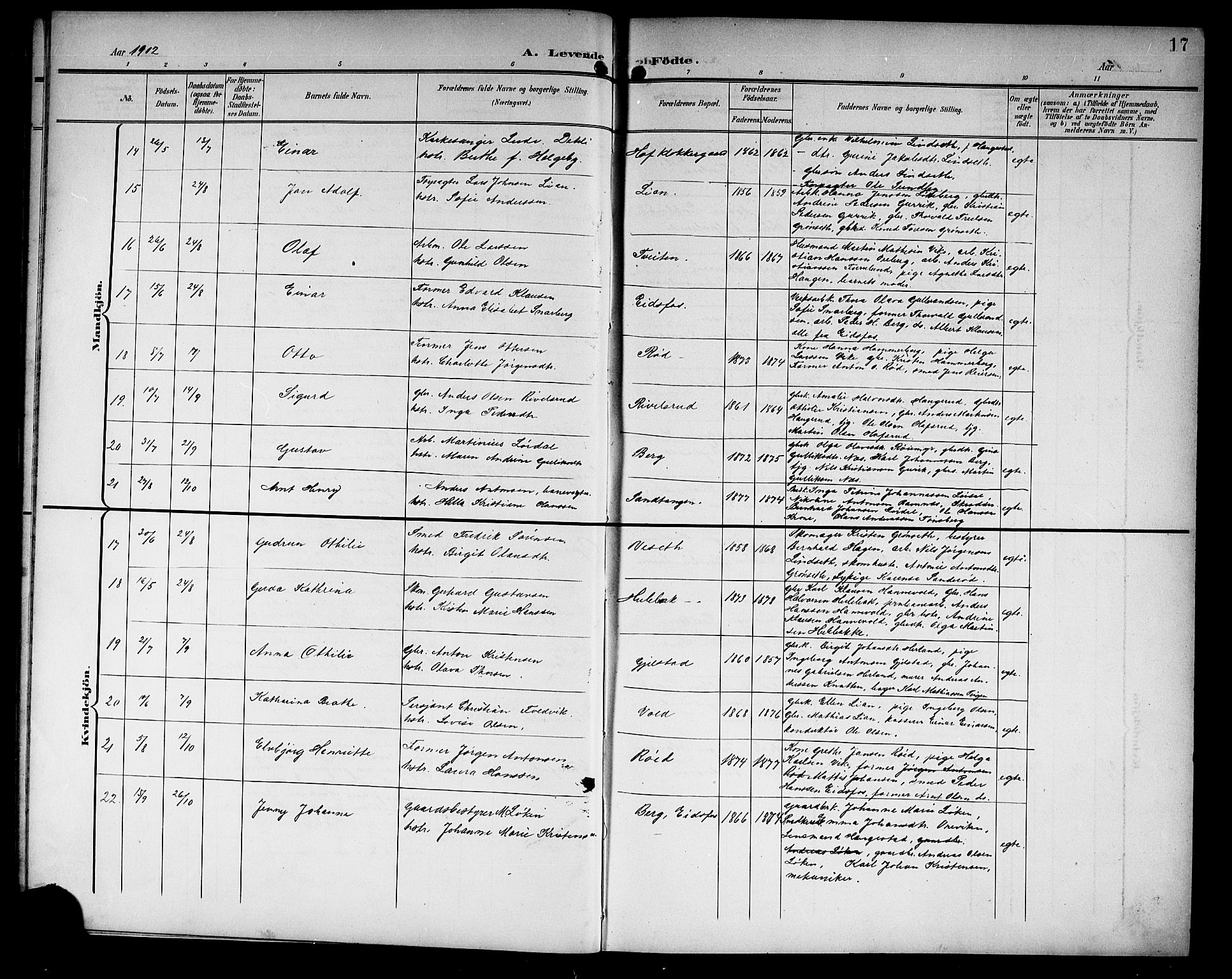 Hof kirkebøker, AV/SAKO-A-64/G/Ga/L0005: Parish register (copy) no. I 5, 1899-1922, p. 17