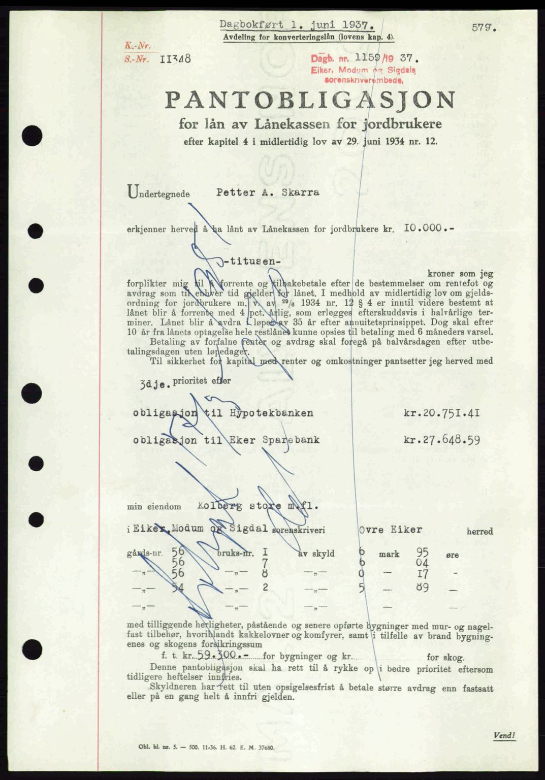 Eiker, Modum og Sigdal sorenskriveri, SAKO/A-123/G/Ga/Gab/L0035: Mortgage book no. A5, 1937-1937, Diary no: : 1159/1937