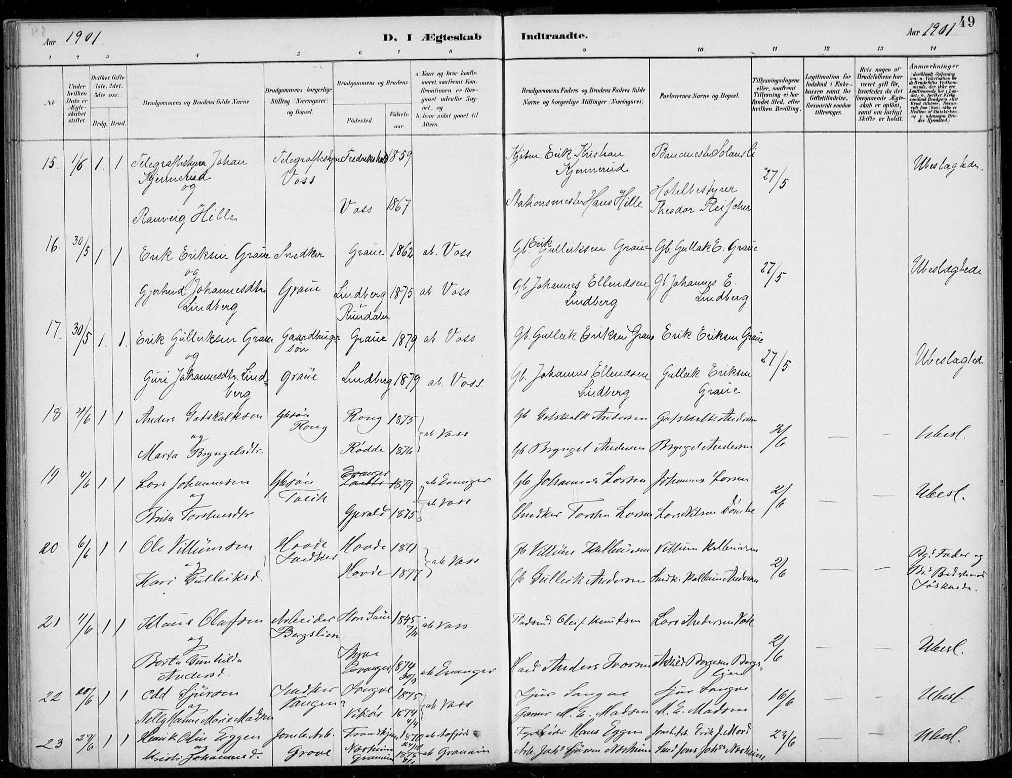 Voss sokneprestembete, SAB/A-79001/H/Haa: Parish register (official) no. C  1, 1887-1915, p. 49