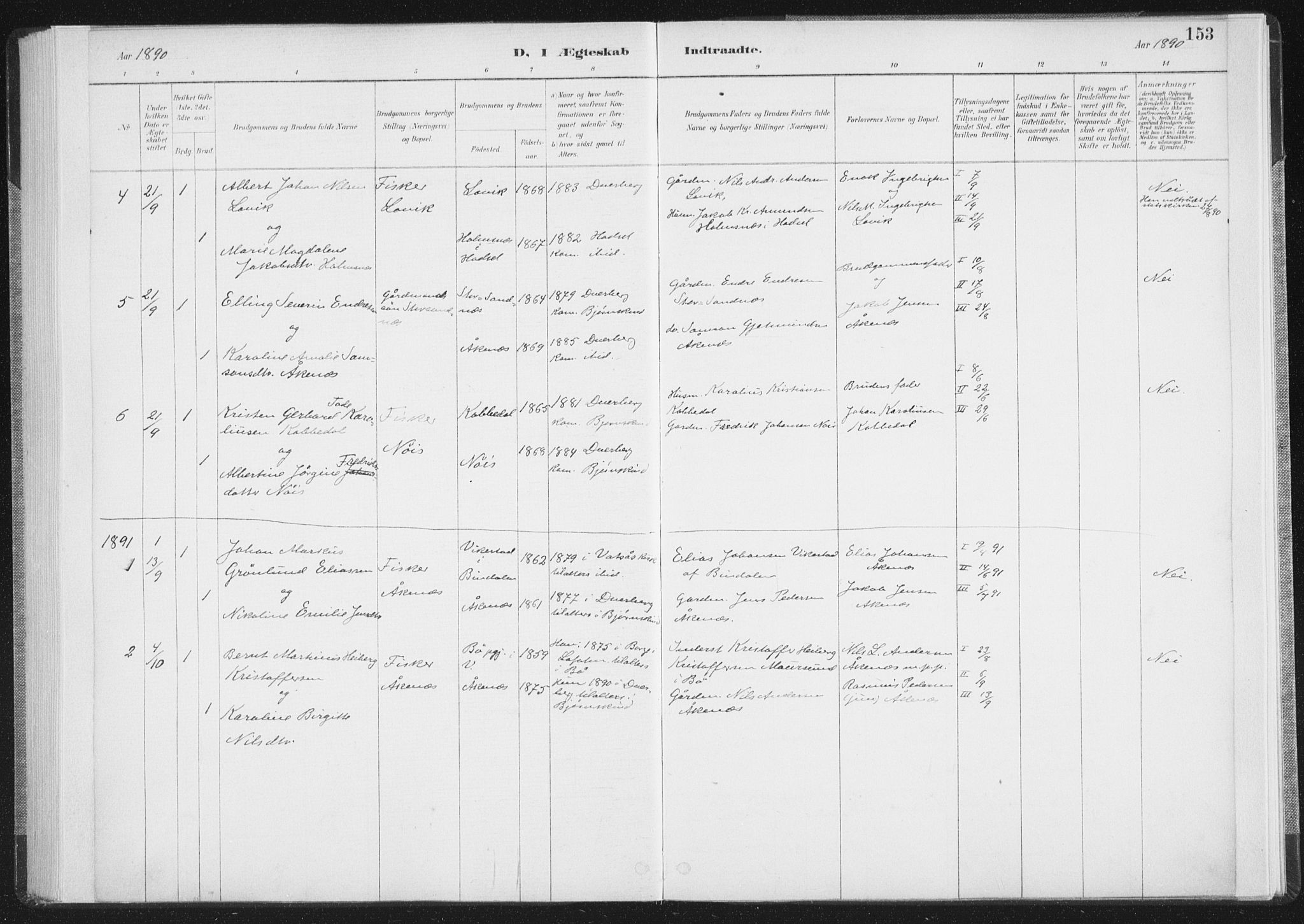 Ministerialprotokoller, klokkerbøker og fødselsregistre - Nordland, AV/SAT-A-1459/898/L1422: Parish register (official) no. 898A02, 1887-1908, p. 153