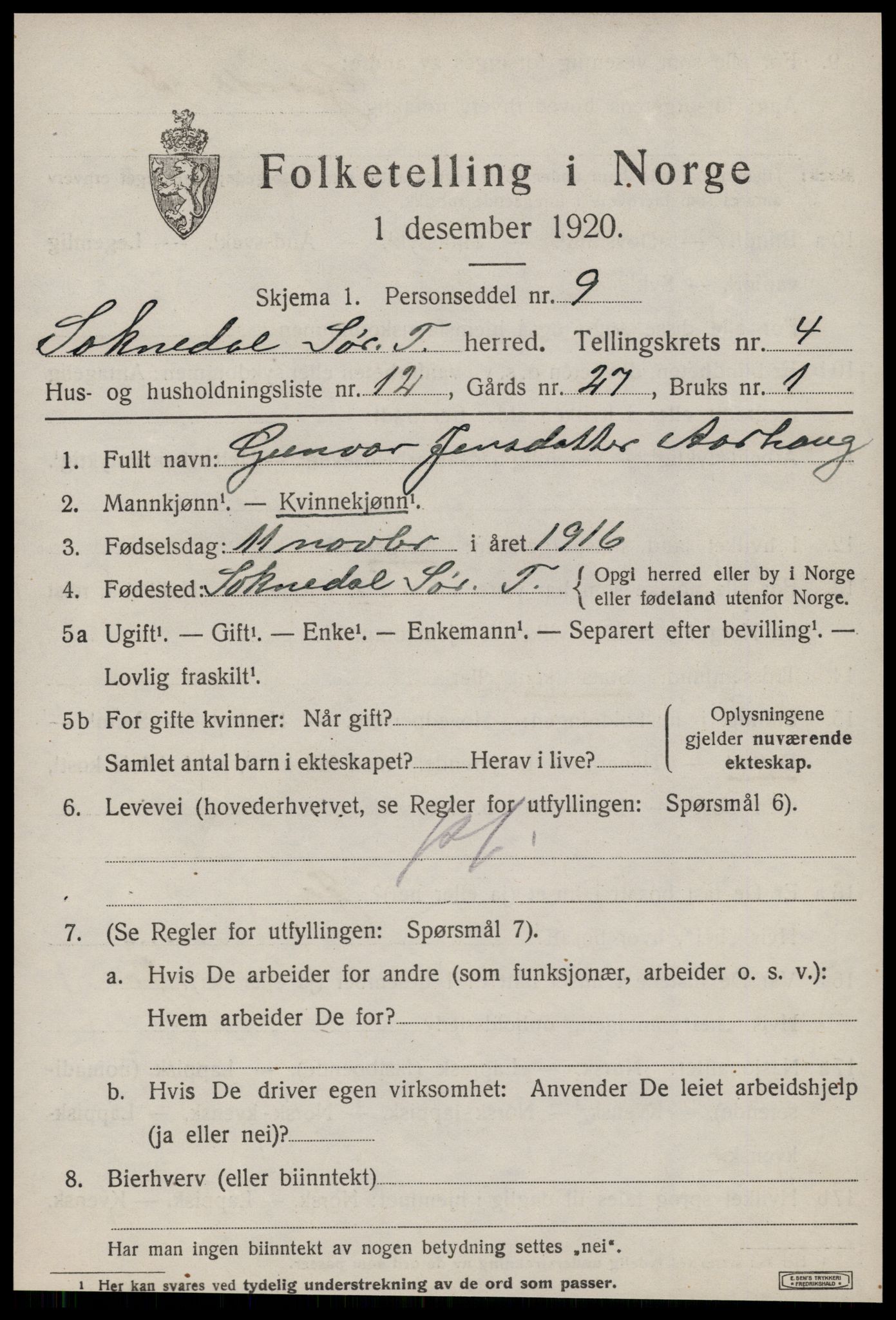 SAT, 1920 census for Soknedal, 1920, p. 2498
